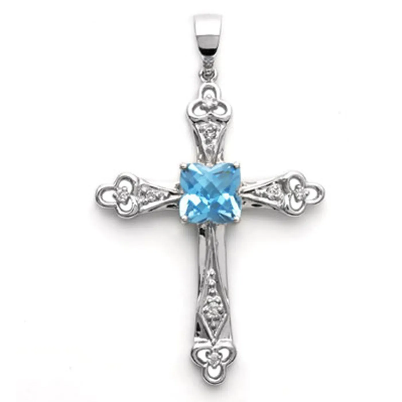 14k White Gold Clover Shape Blue Topaz and Diamond Cross Pendant