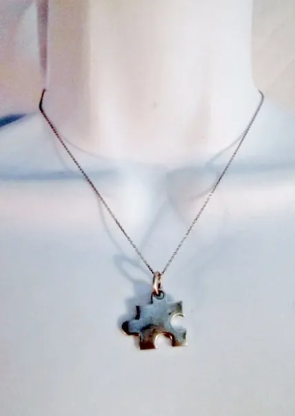 15" STERLING SILVER JIGSAW PUZZLE PIECE Pendant Chain NECKLACE Charm Autism Awareness