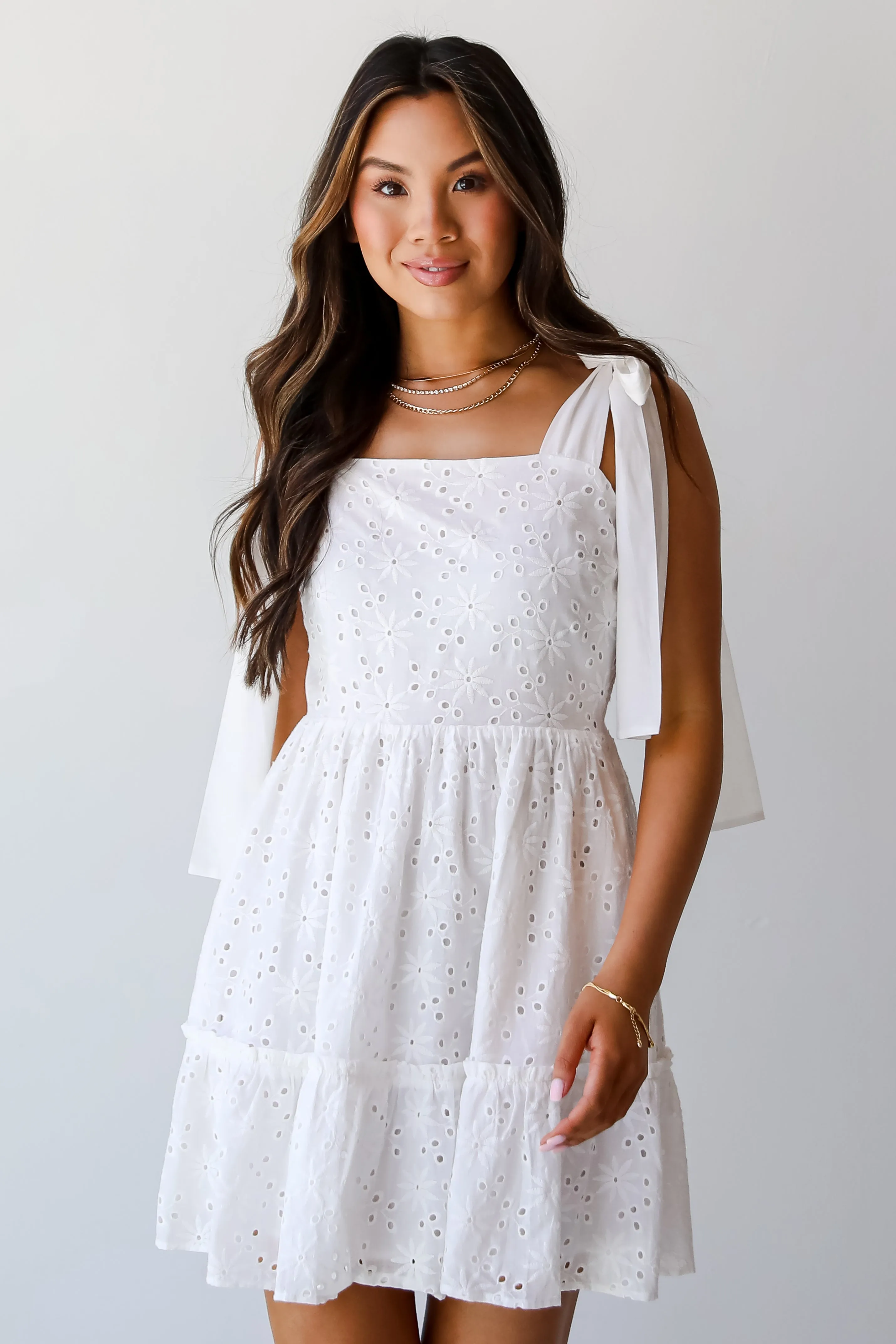 All About Love White Eyelet Tiered Mini Dress