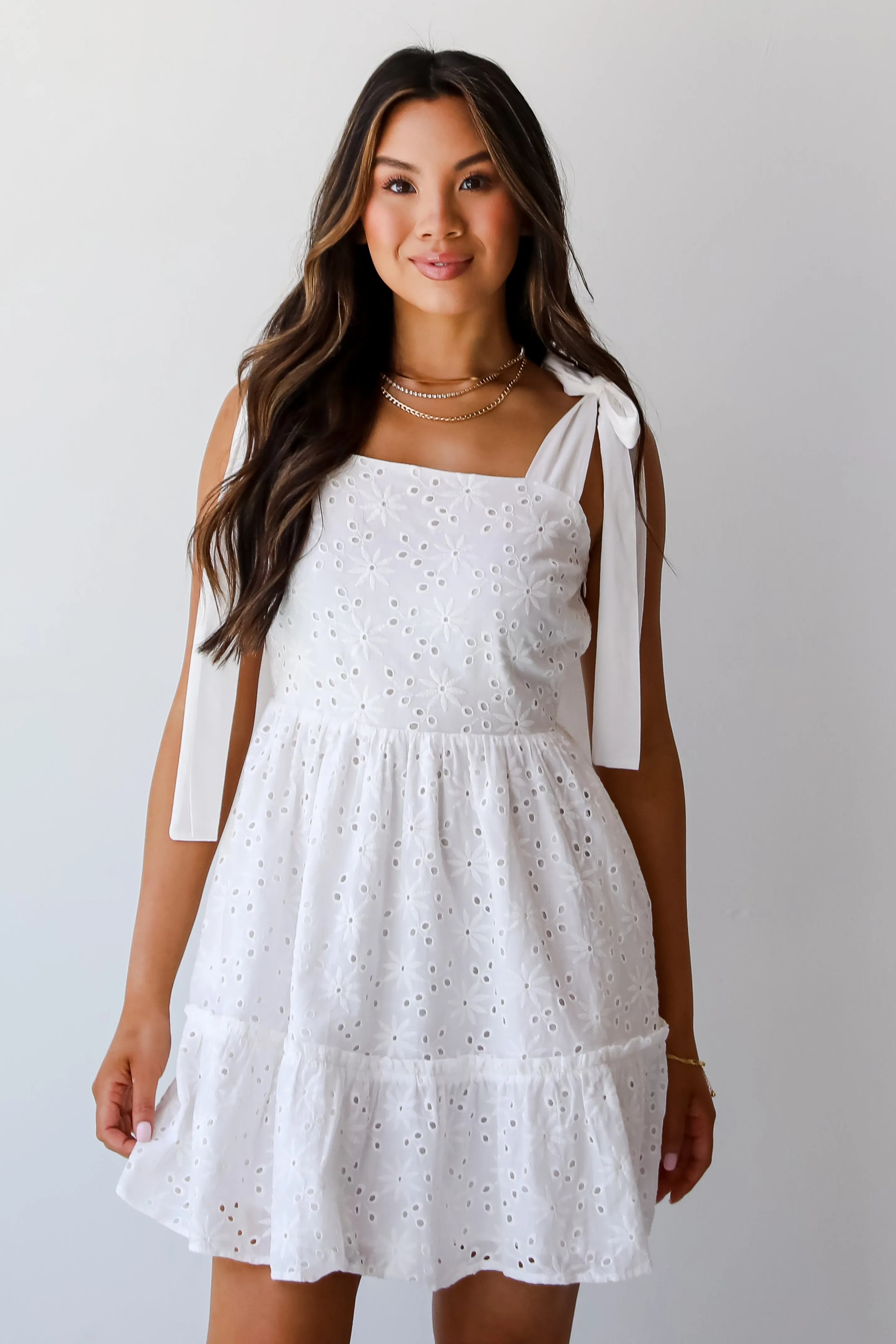 All About Love White Eyelet Tiered Mini Dress