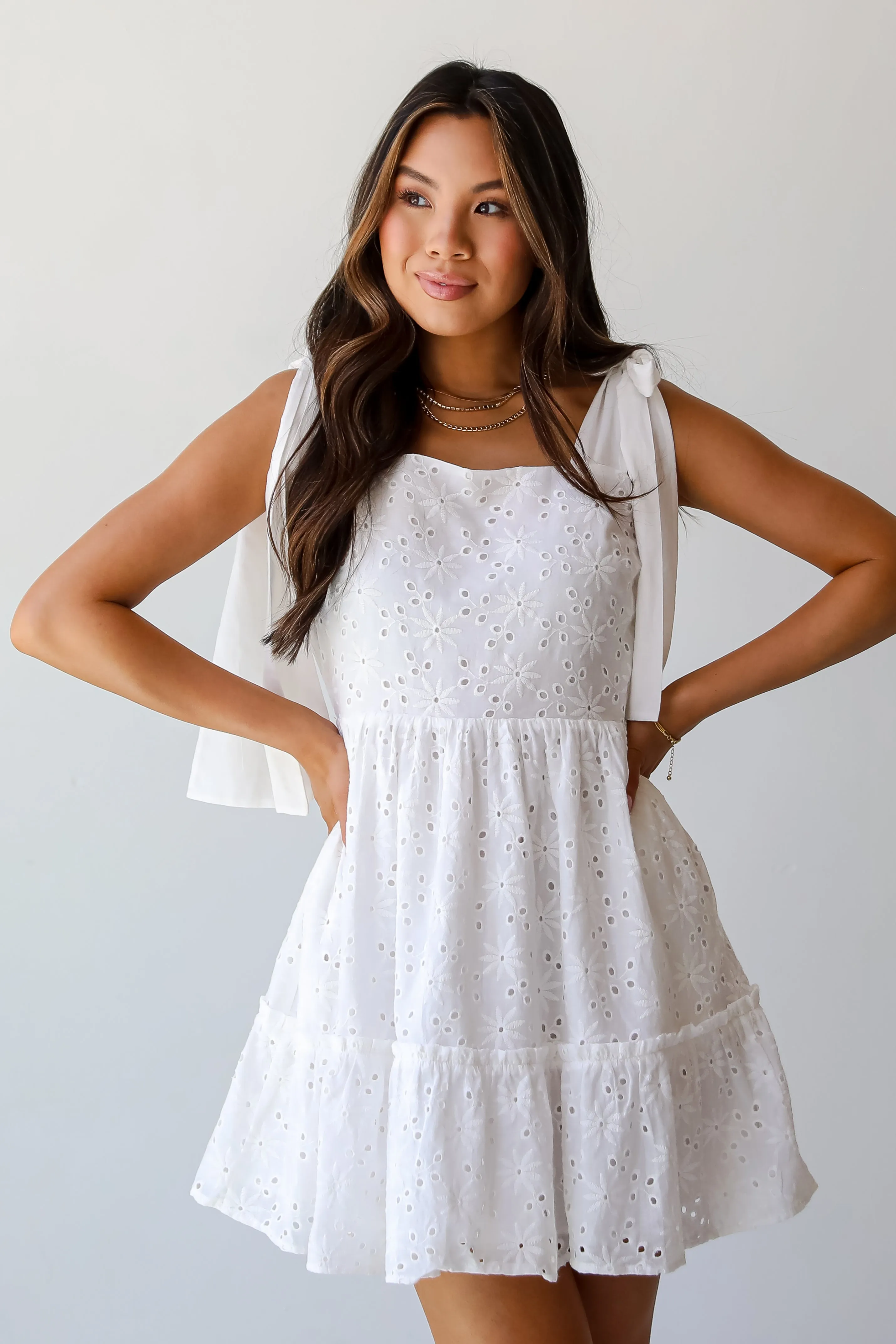 All About Love White Eyelet Tiered Mini Dress