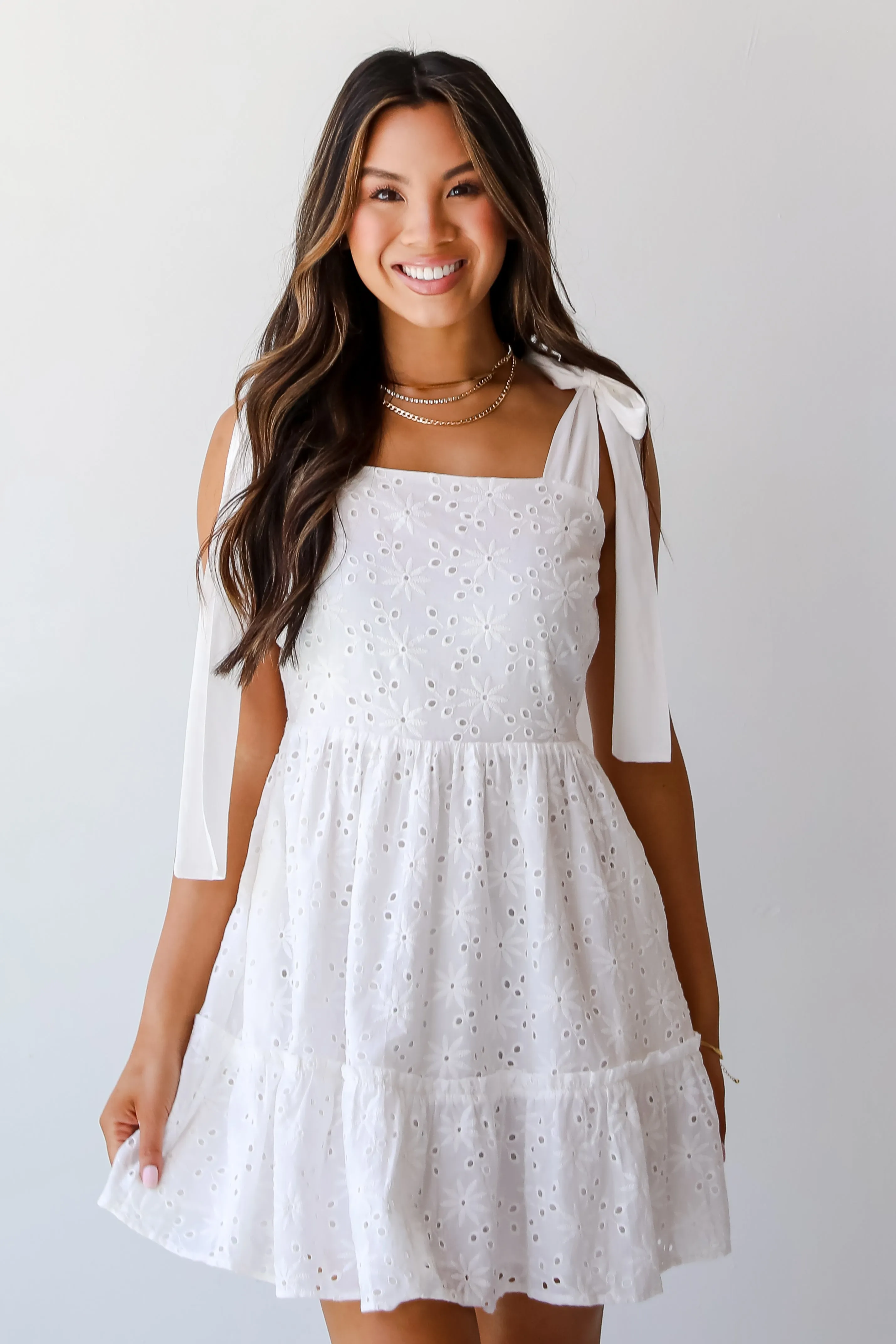 All About Love White Eyelet Tiered Mini Dress