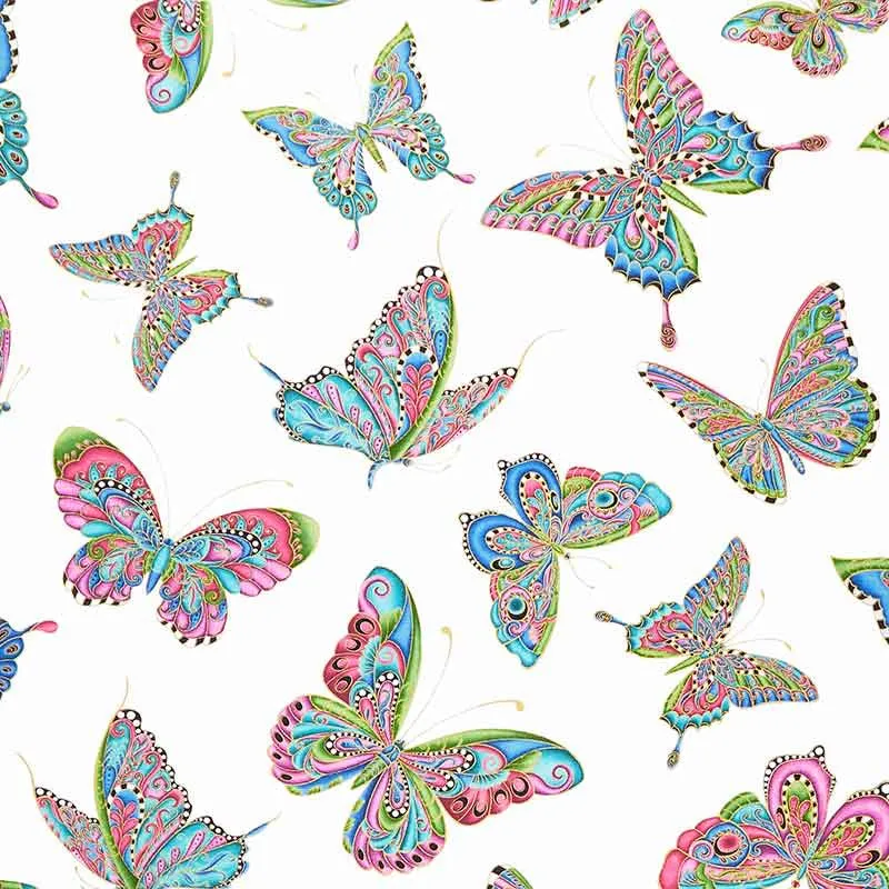 Alluring Butterflies - Butterfly Aflutter White Metallic Yardage