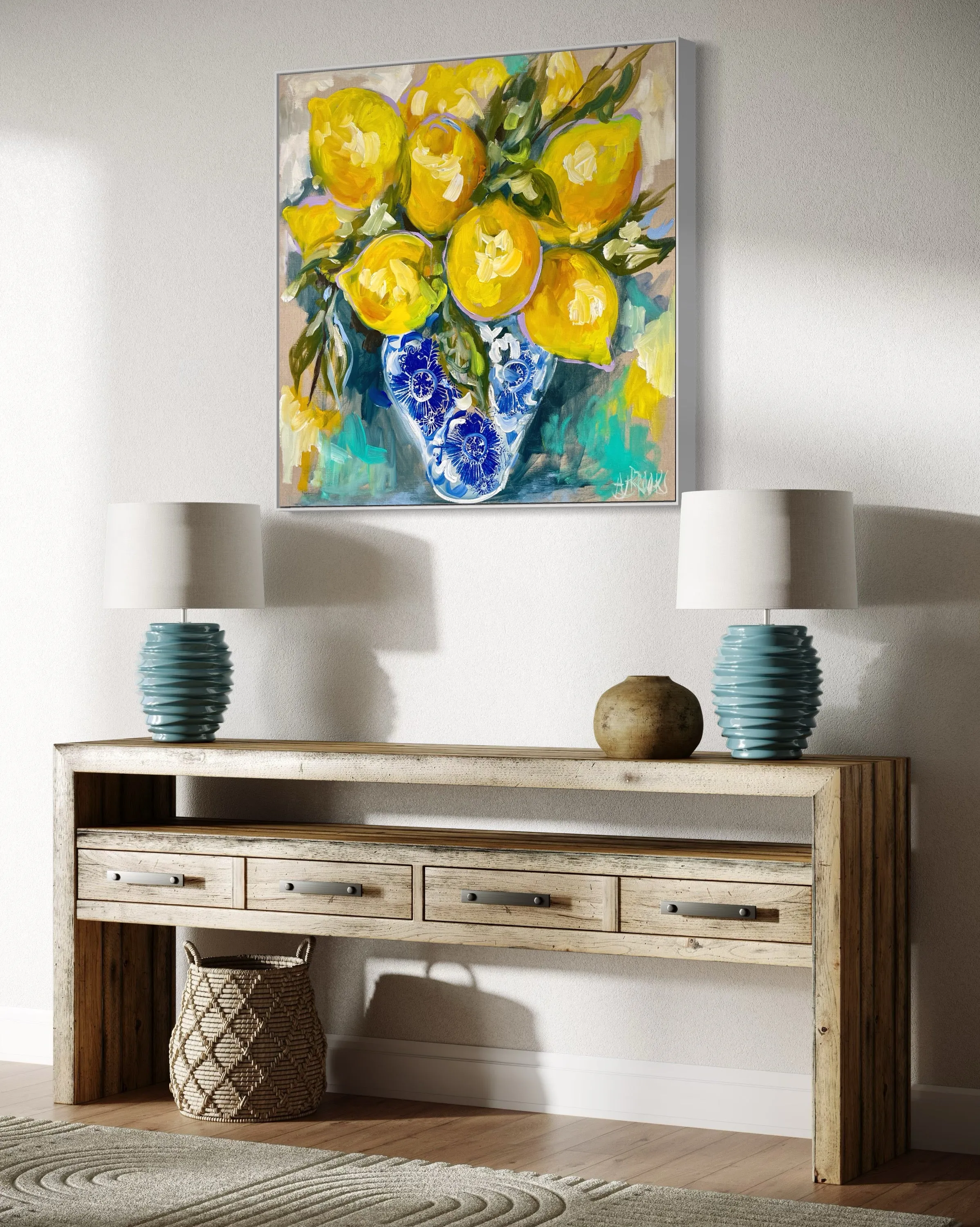 Antique Lemon Vase   - 76x76cm -original on Belgian linen