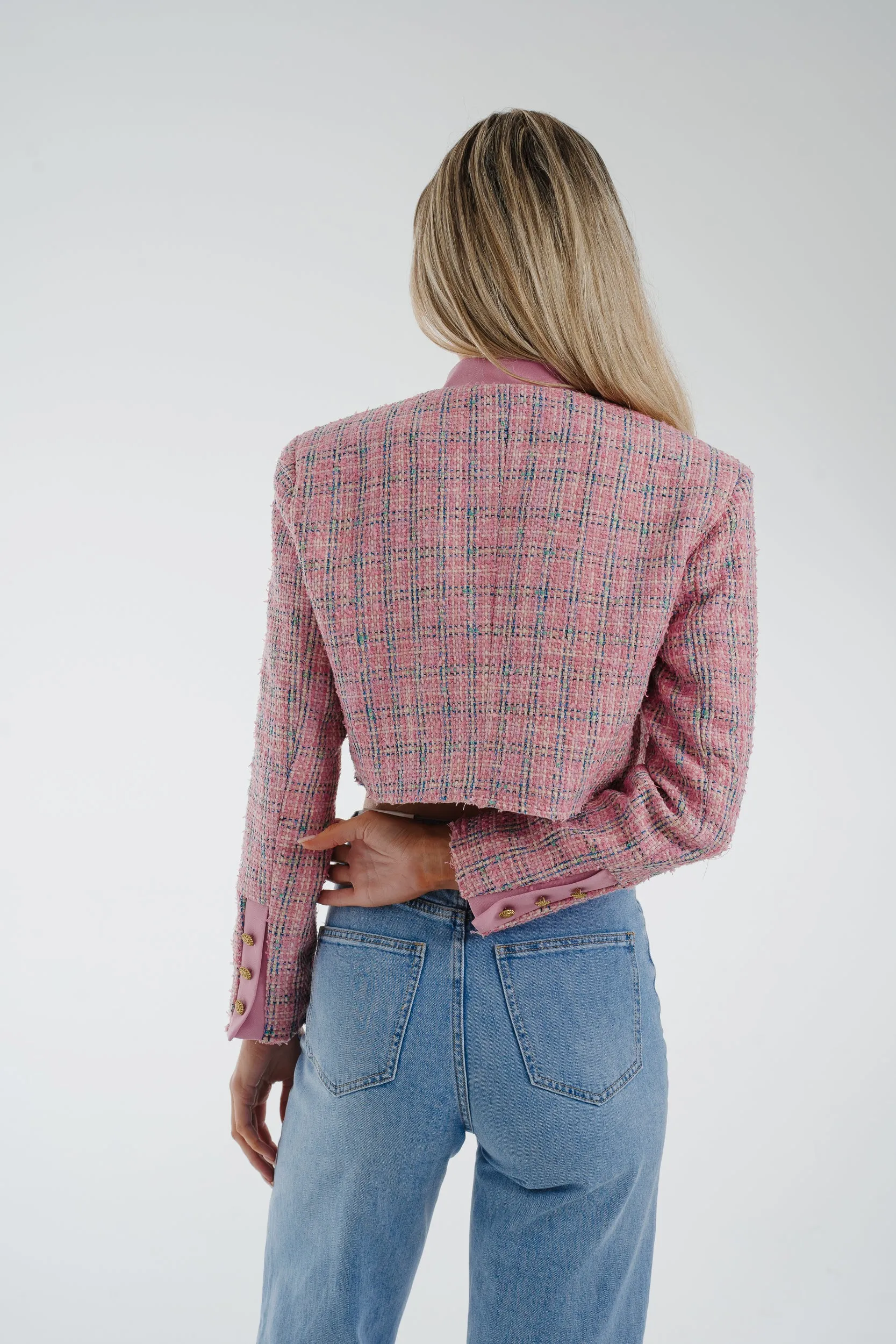 Arabella Crop Tweed Blazer In Pink