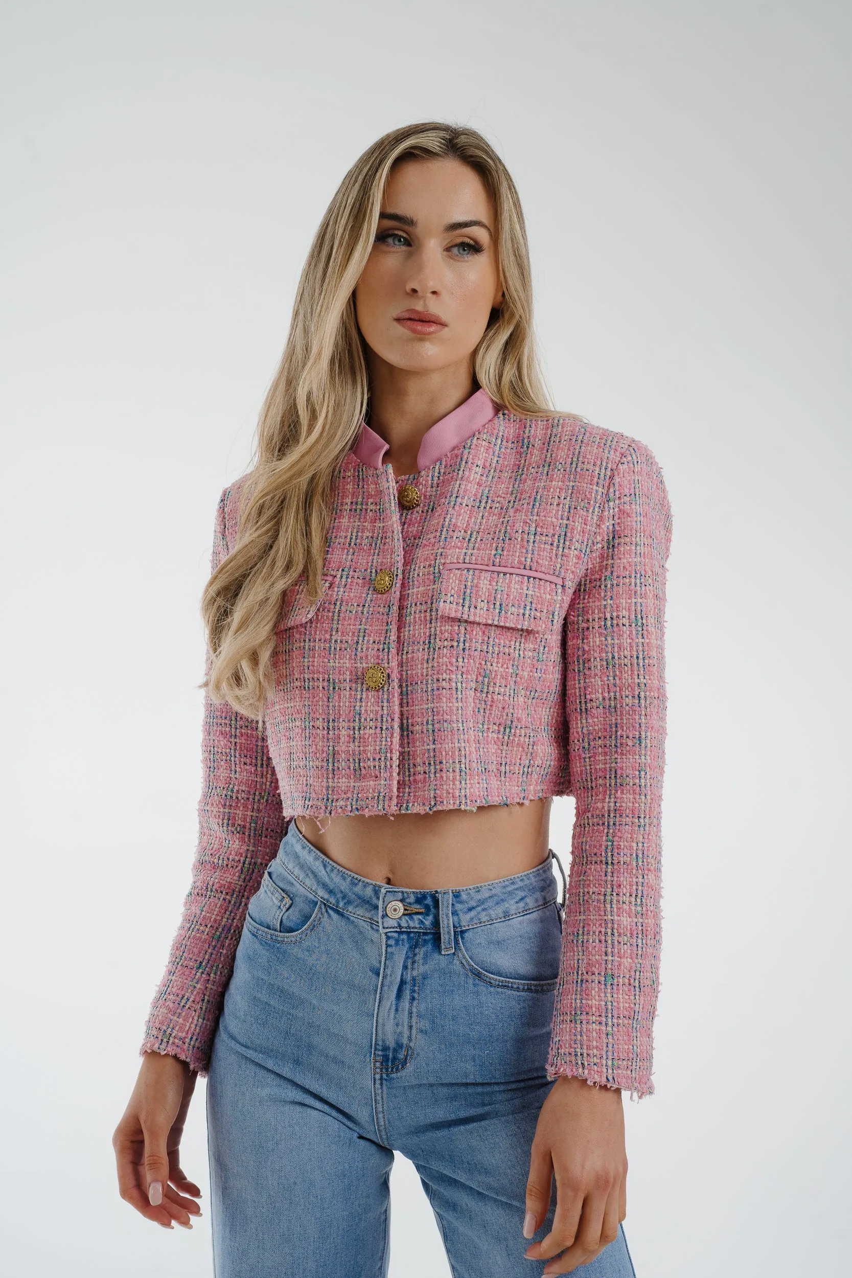 Arabella Crop Tweed Blazer In Pink