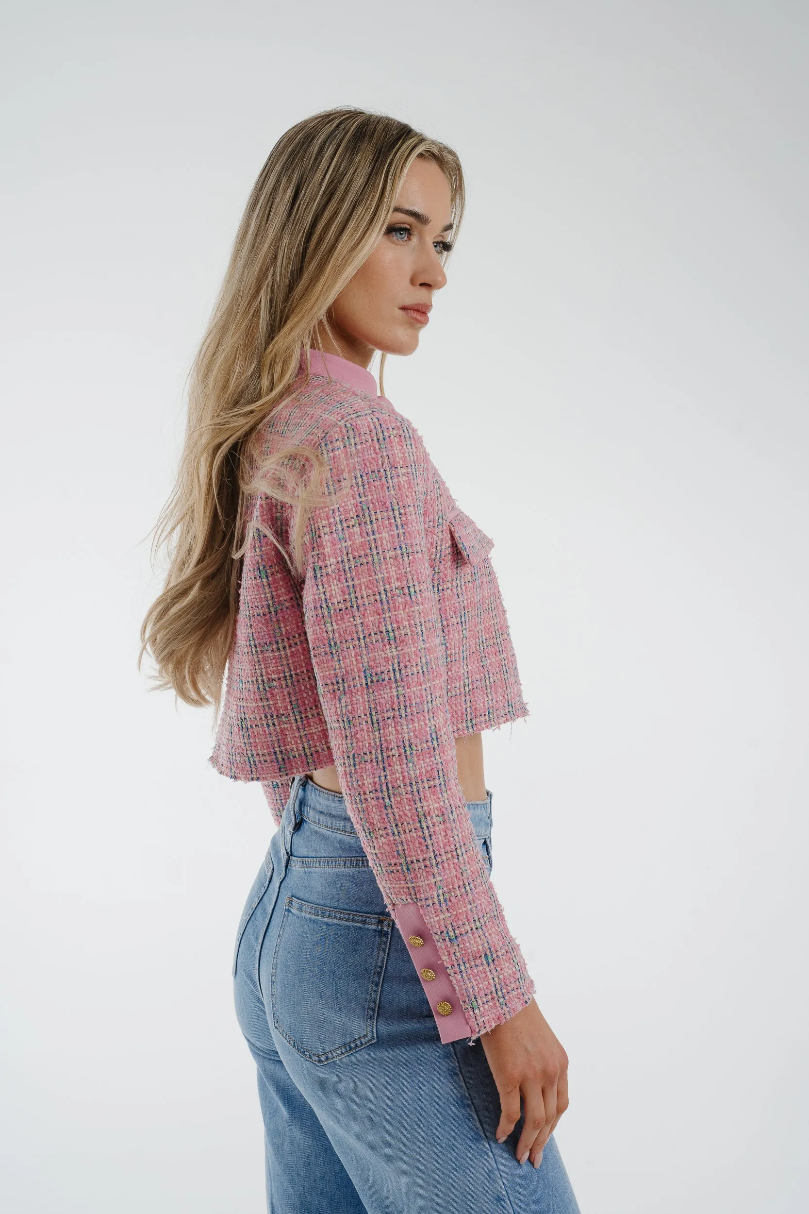 Arabella Crop Tweed Blazer In Pink