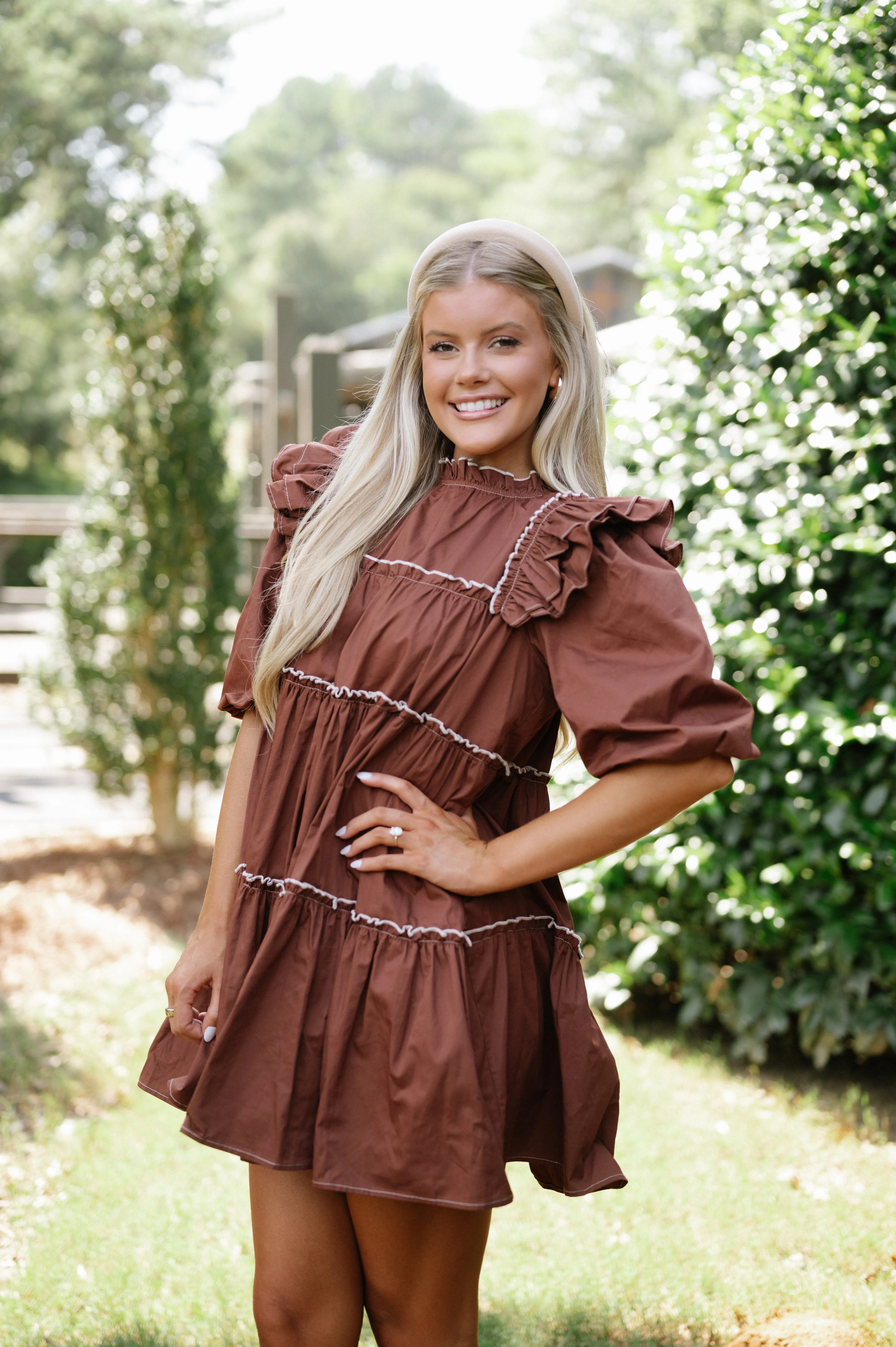 Babydoll Tiered Mini Dress-Brown