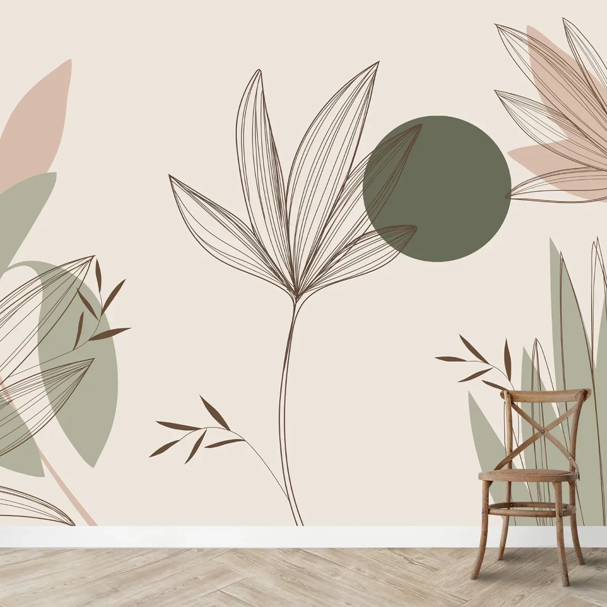 Beautiful Floral & Leaves Wallpaper Design, Customised Green & Beige