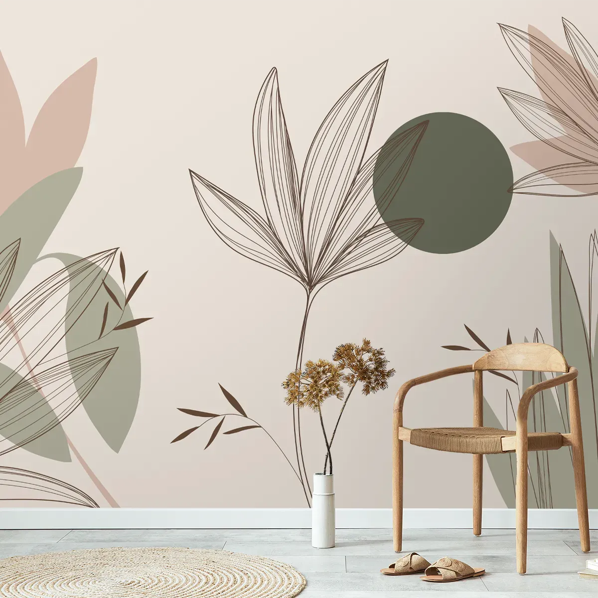 Beautiful Floral & Leaves Wallpaper Design, Customised Green & Beige