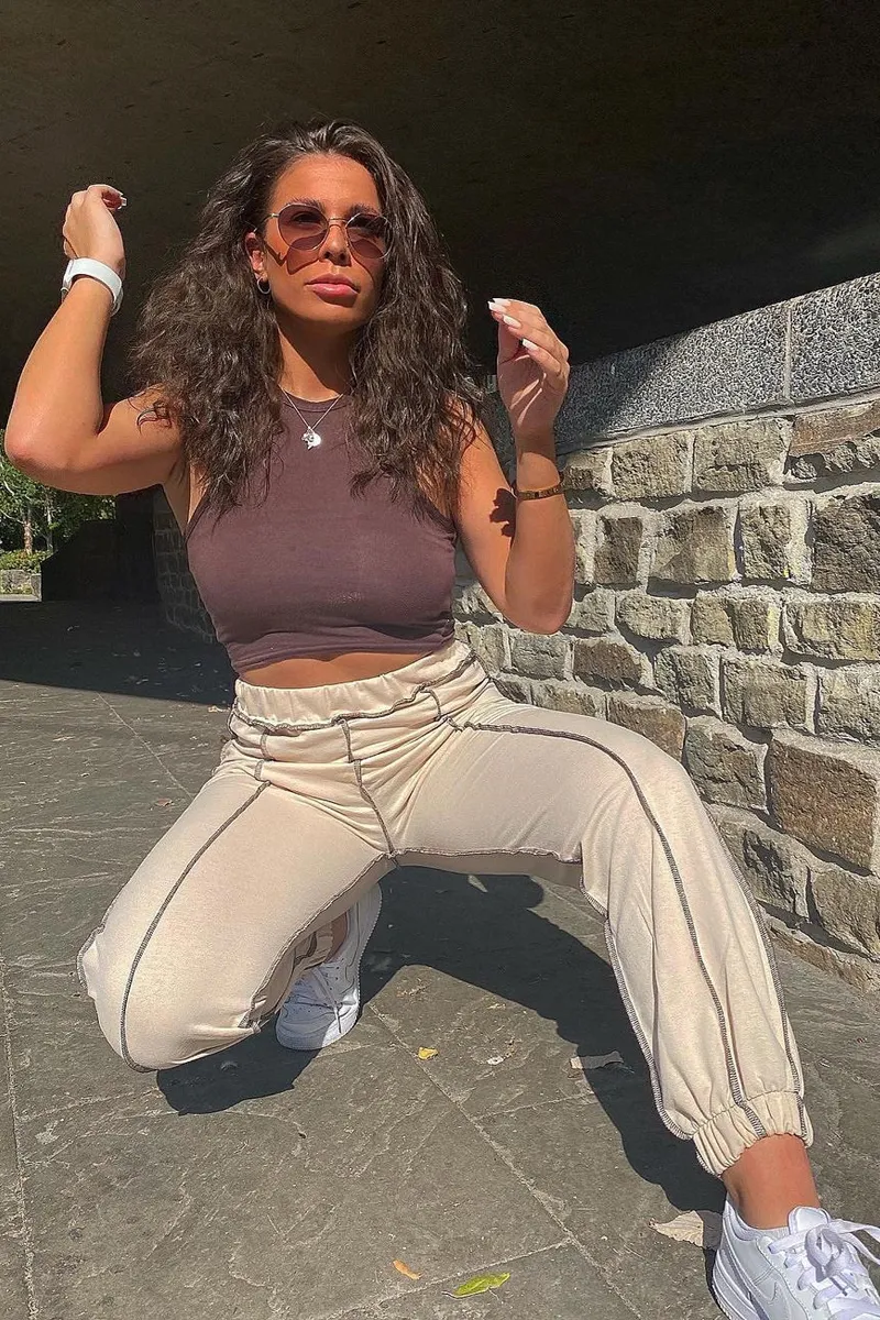 Beige Contrast Stitch Joggers - Roaa