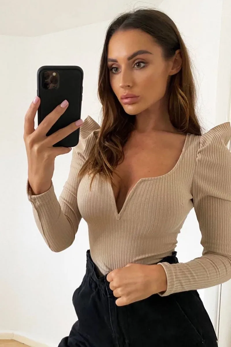 Beige Ribbed Plunge Puff Sleeve Bodysuit - Saffy