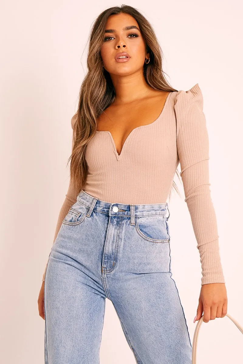 Beige Ribbed Plunge Puff Sleeve Bodysuit - Saffy