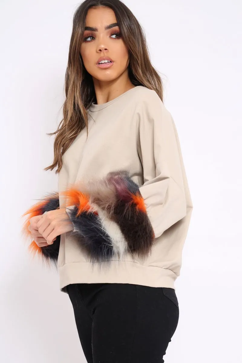 Beige Sweatshirt with Multicolour Fur Sleeves - Loise