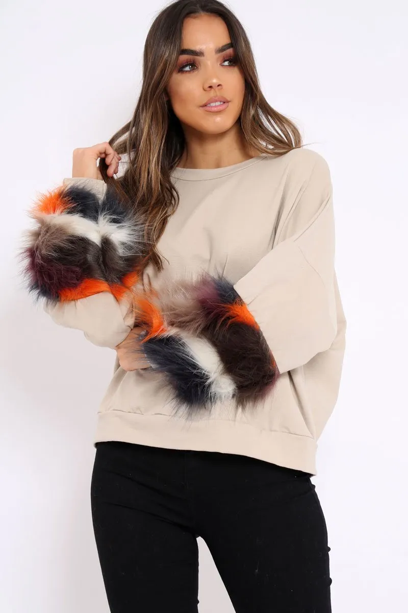 Beige Sweatshirt with Multicolour Fur Sleeves - Loise