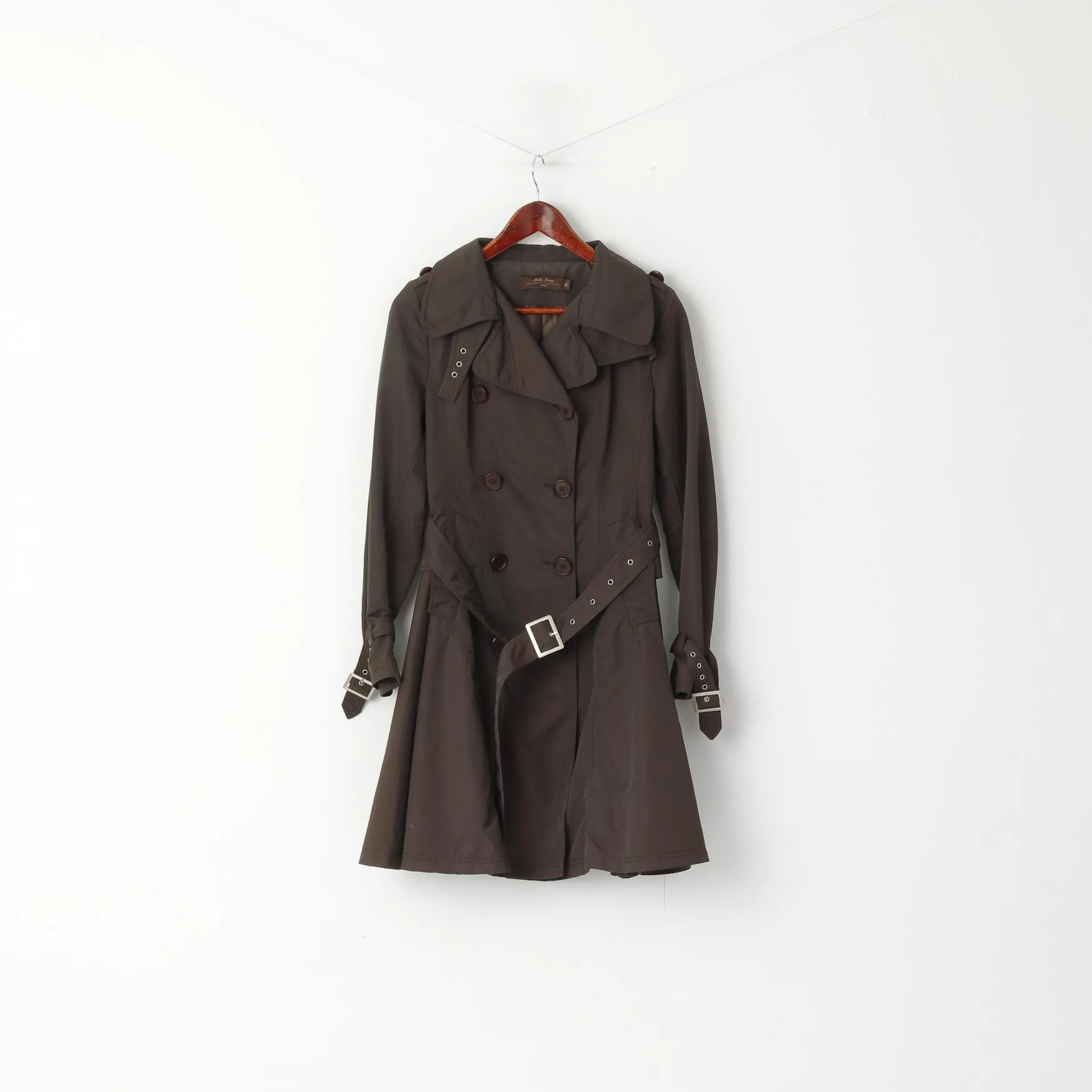 Billy Jenny Italy Women M Coat Brown Double Breasted Trench Belted Classic Mac