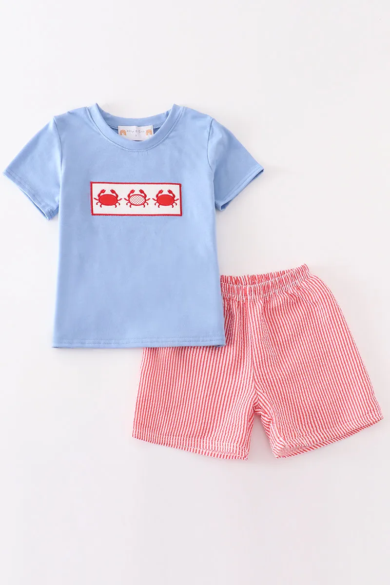 Blue seersucker crab applique boy set