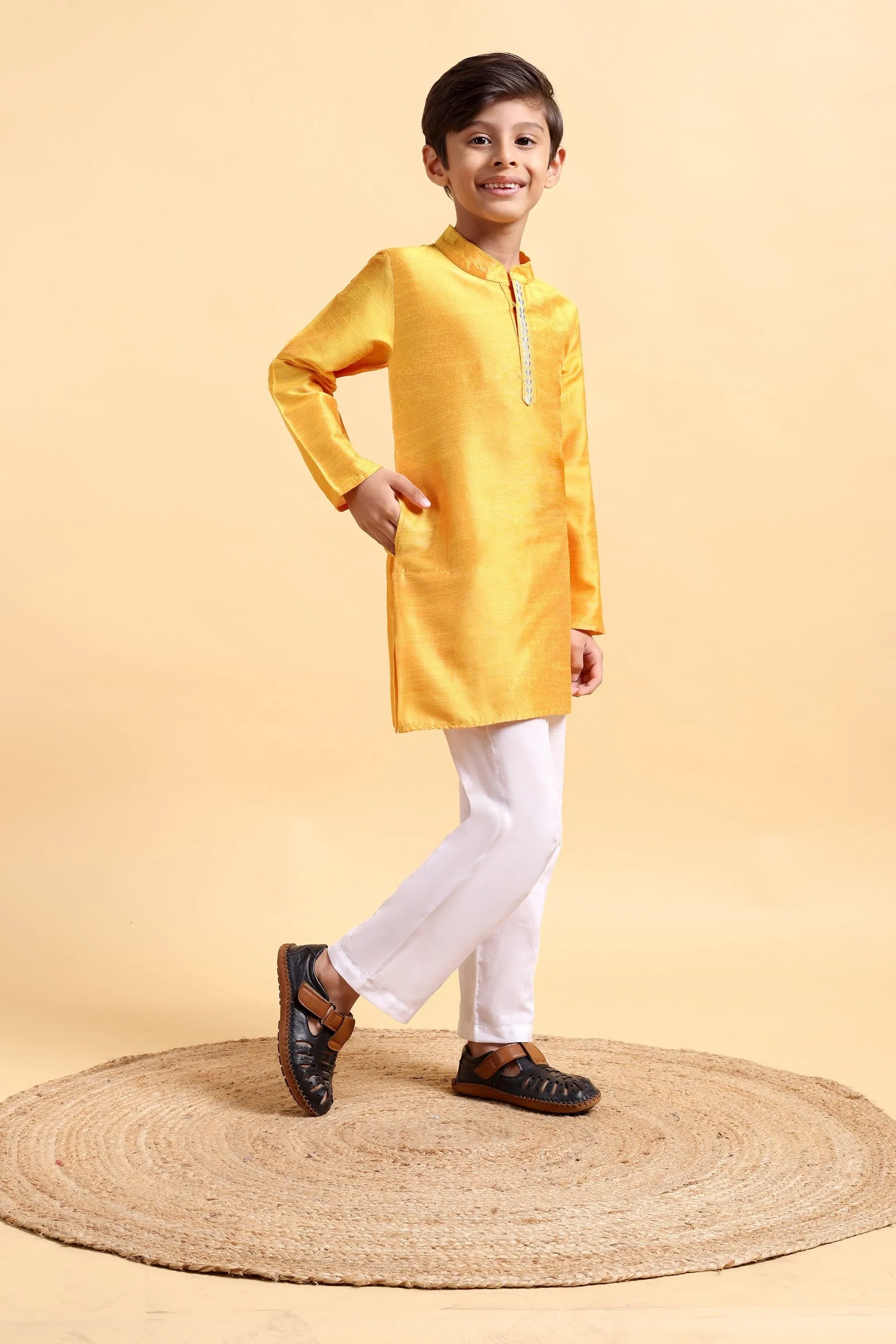 Boys Yellow embroidery Cotton silk Kurta & Pajama Set