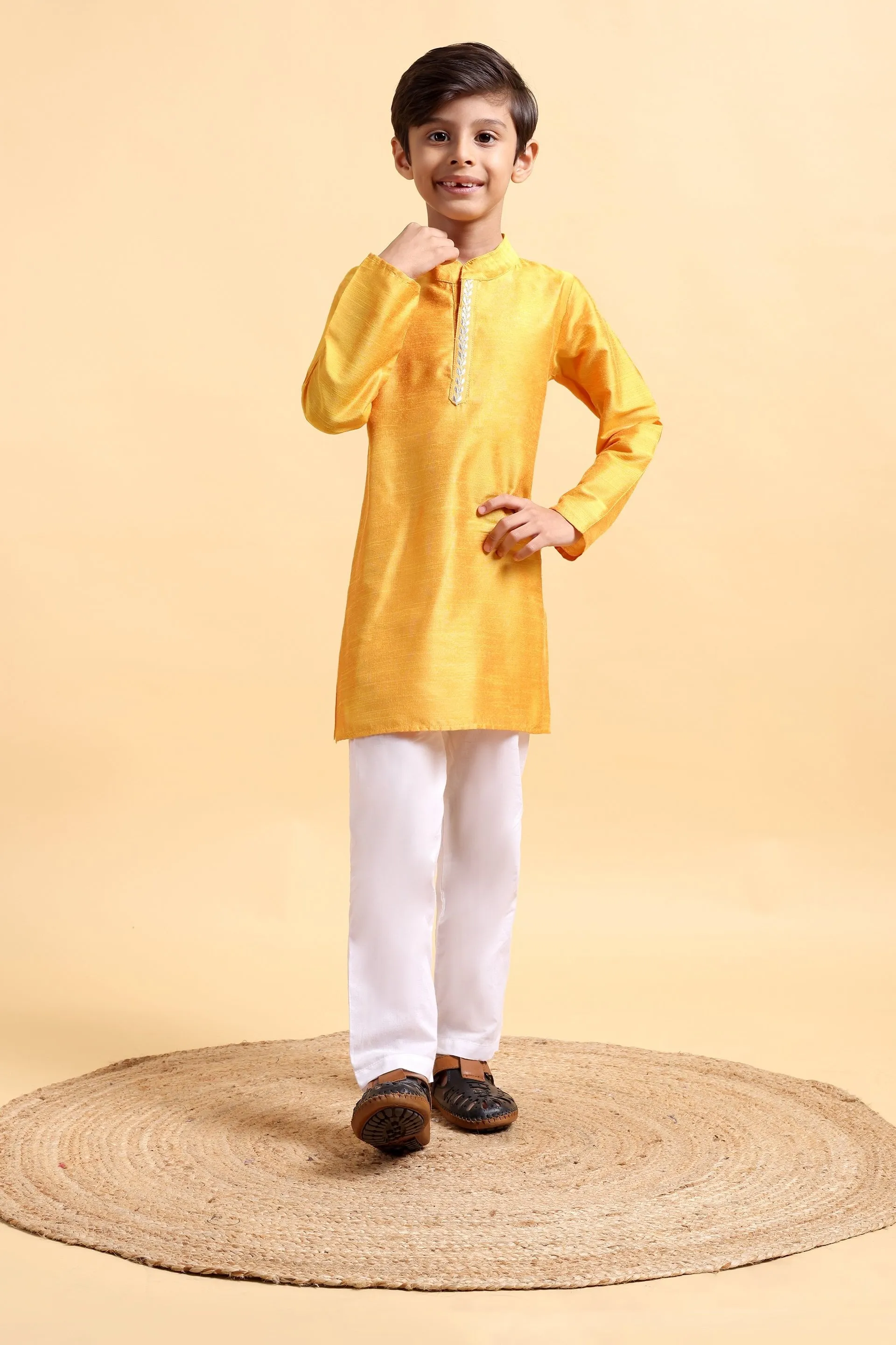 Boys Yellow embroidery Cotton silk Kurta & Pajama Set