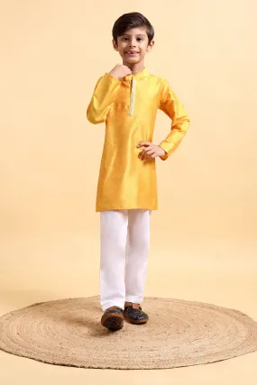 Boys Yellow embroidery Cotton silk Kurta & Pajama Set