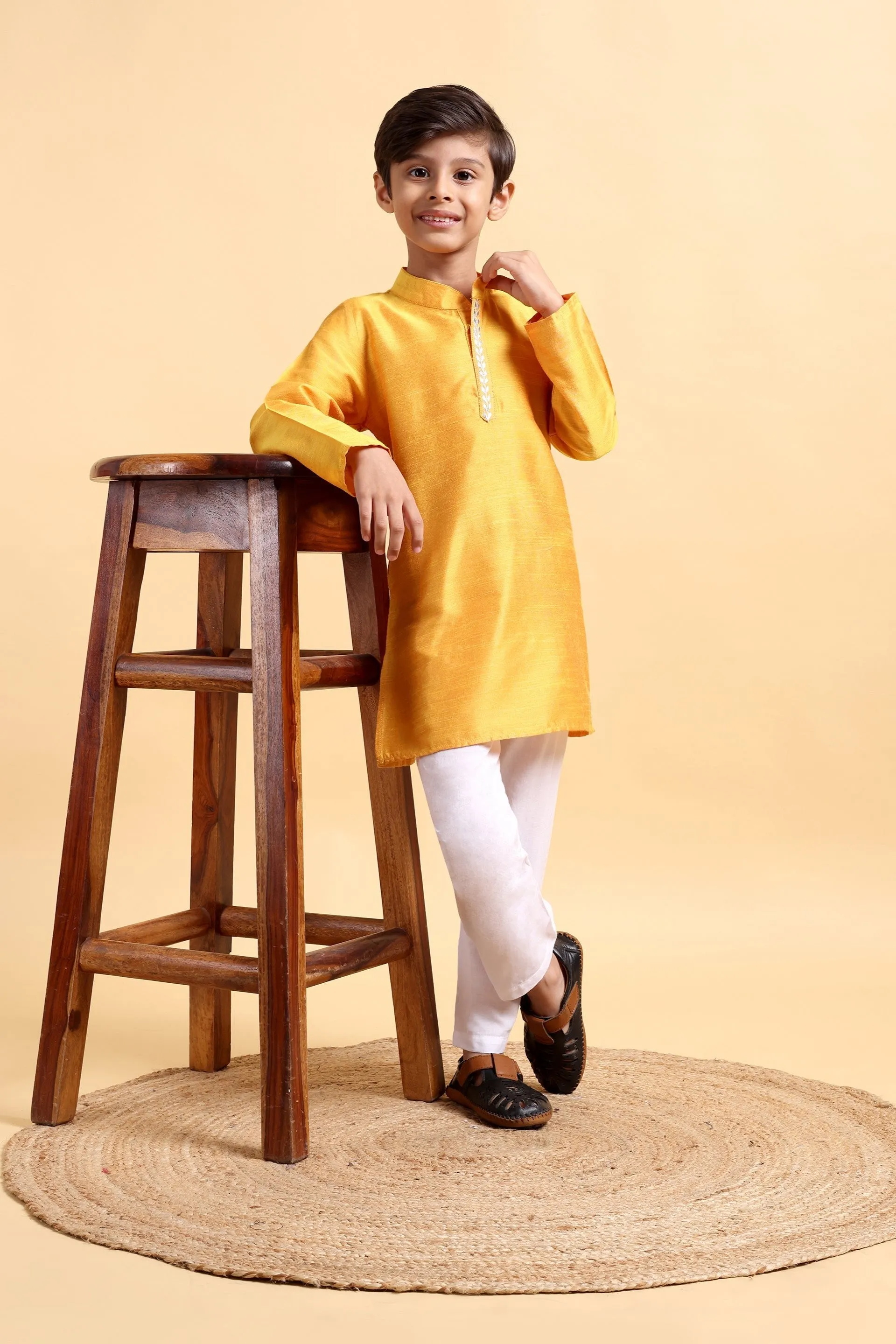 Boys Yellow embroidery Cotton silk Kurta & Pajama Set