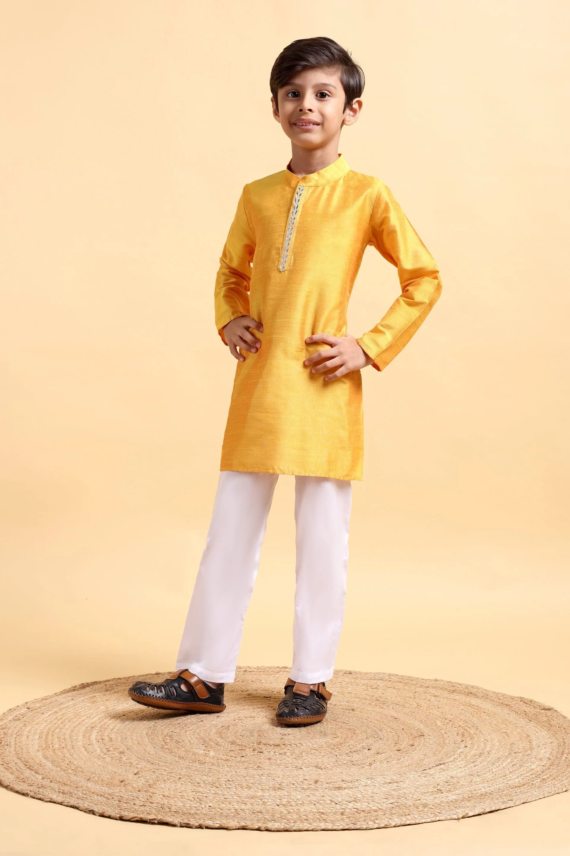 Boys Yellow embroidery Cotton silk Kurta & Pajama Set