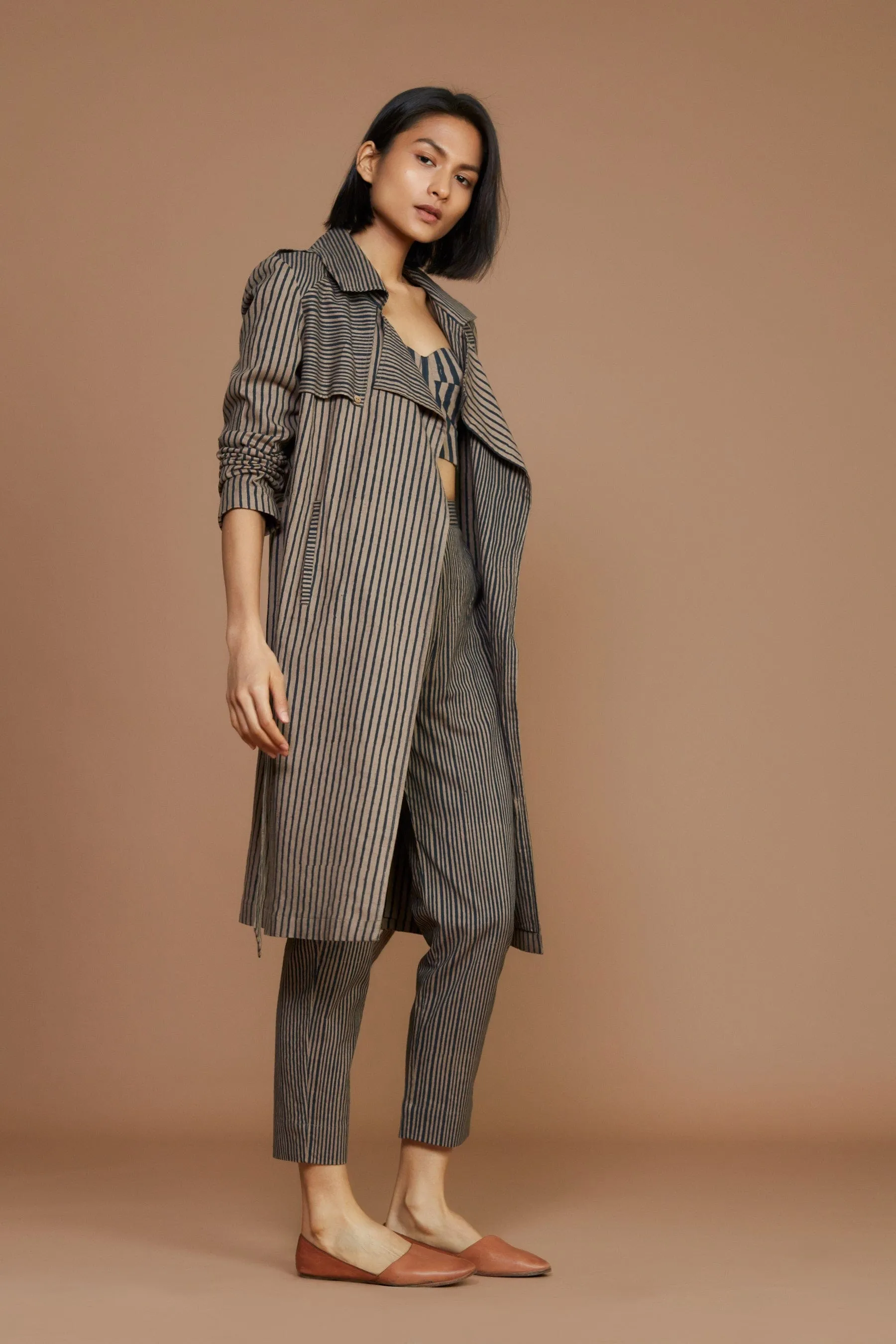 Brown with Charcoal Striped Trench & Corset Co-Ord Set (3 PCS)