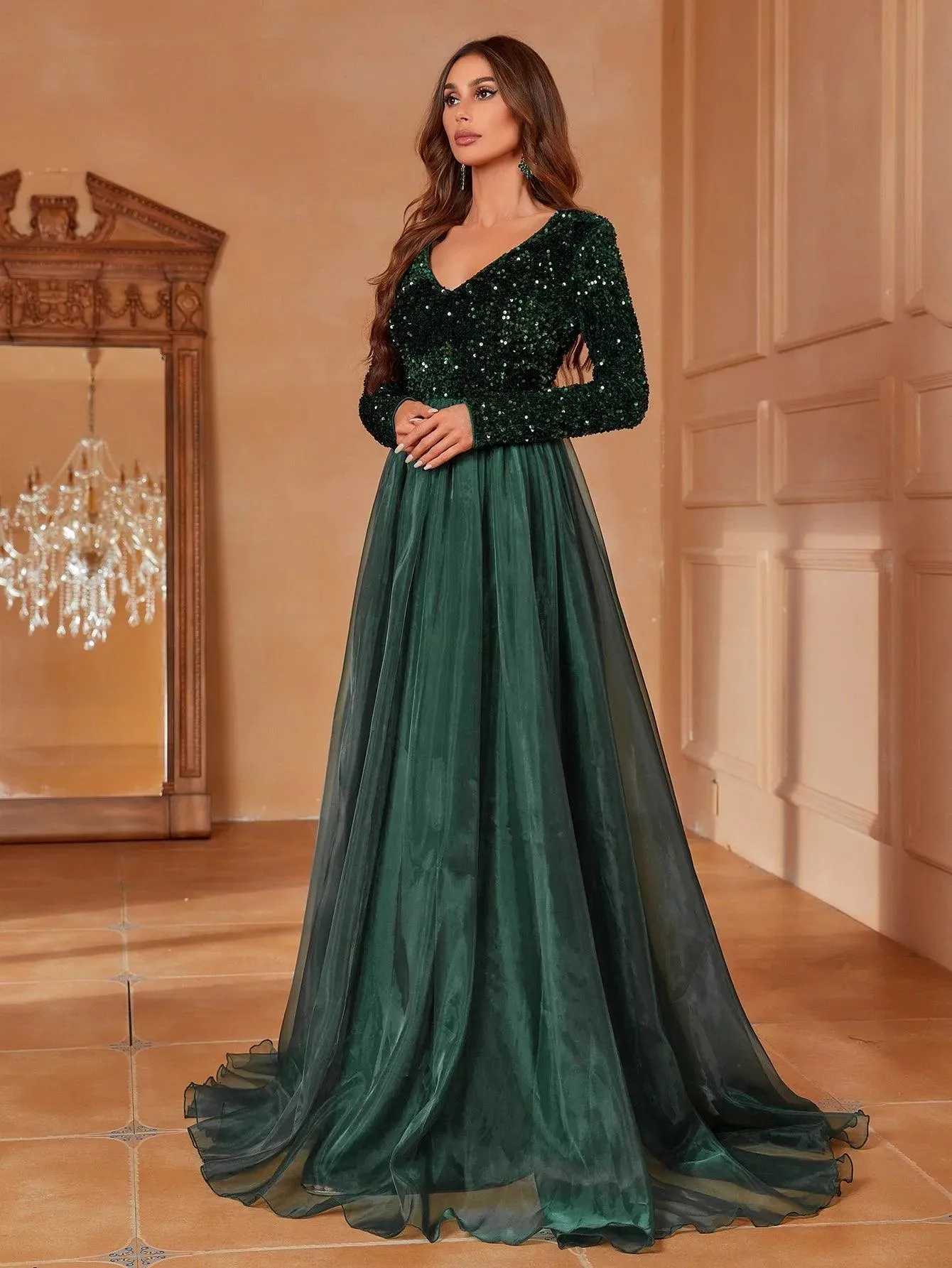 Classic Long-Sleeved V-Neck Formal Dress