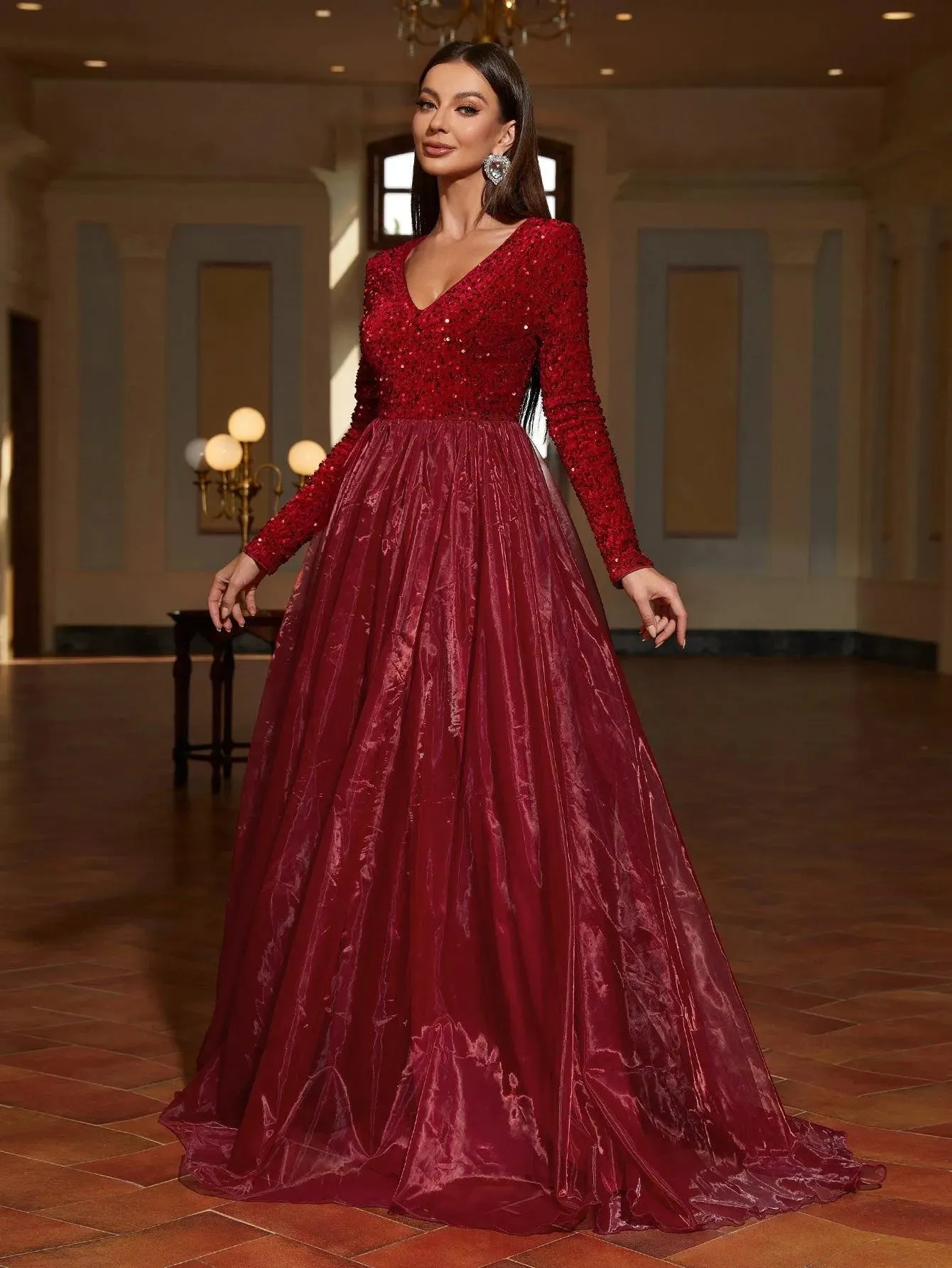 Classic Long-Sleeved V-Neck Formal Dress