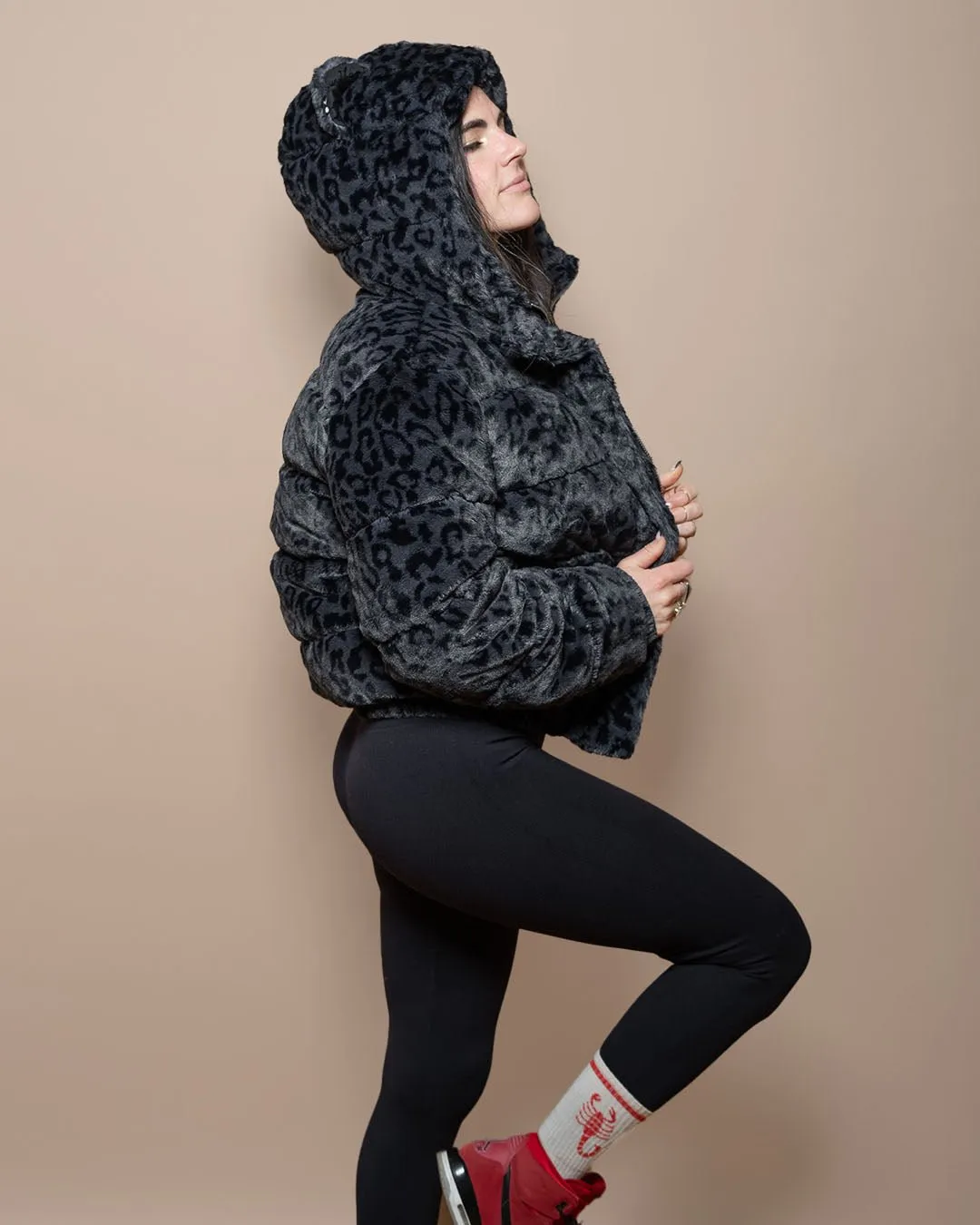 Classic Women's Black Hooded Puffer Jacket | Slate Leopard