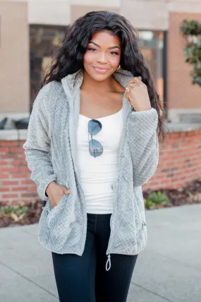 Cozy Charm Grey Textured Sherpa Zip Up Jacket FINAL SALE