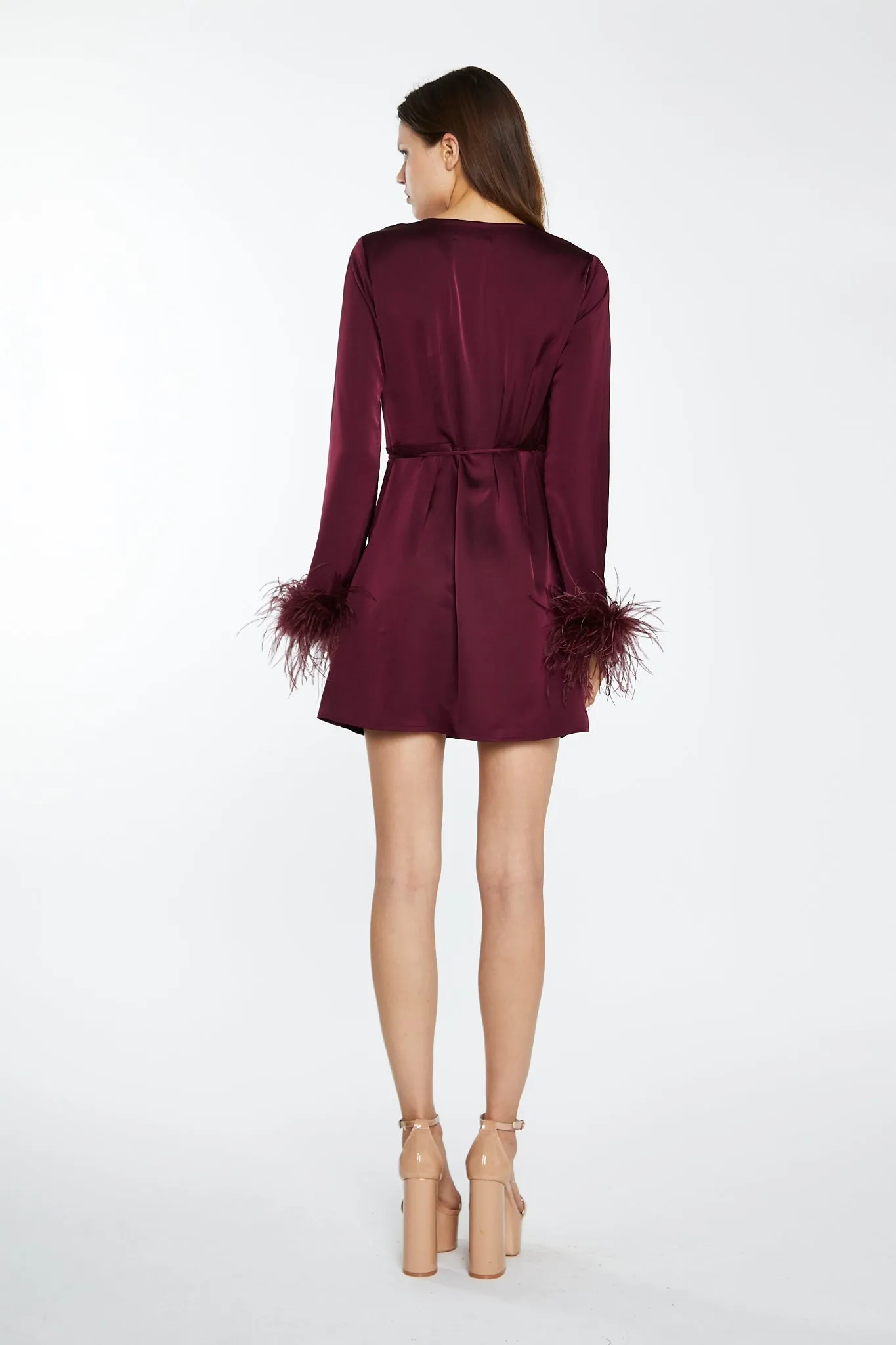 Deep-Burgundy Satin Feather Trim Wrap Mini-Dress