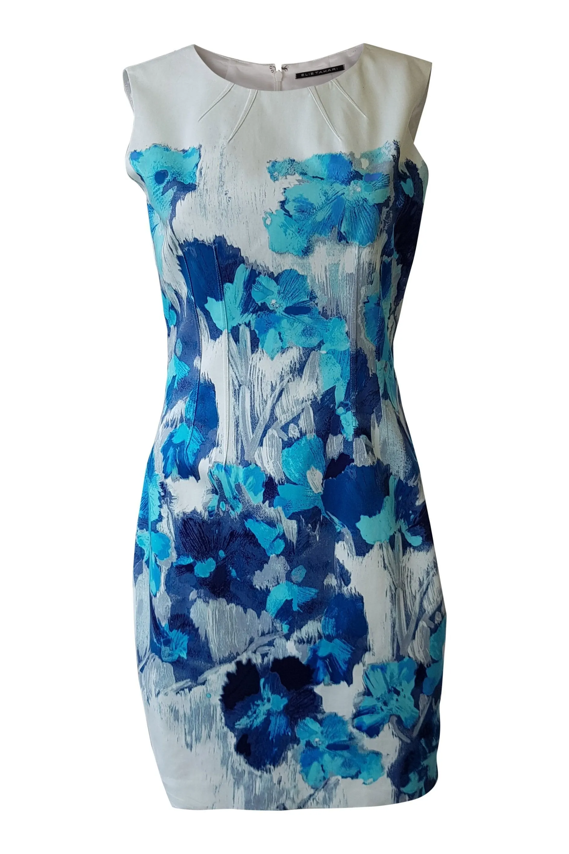 ELIE TAHARI White Blue Floral Print Sleeveless Shift Dress (UK 8)