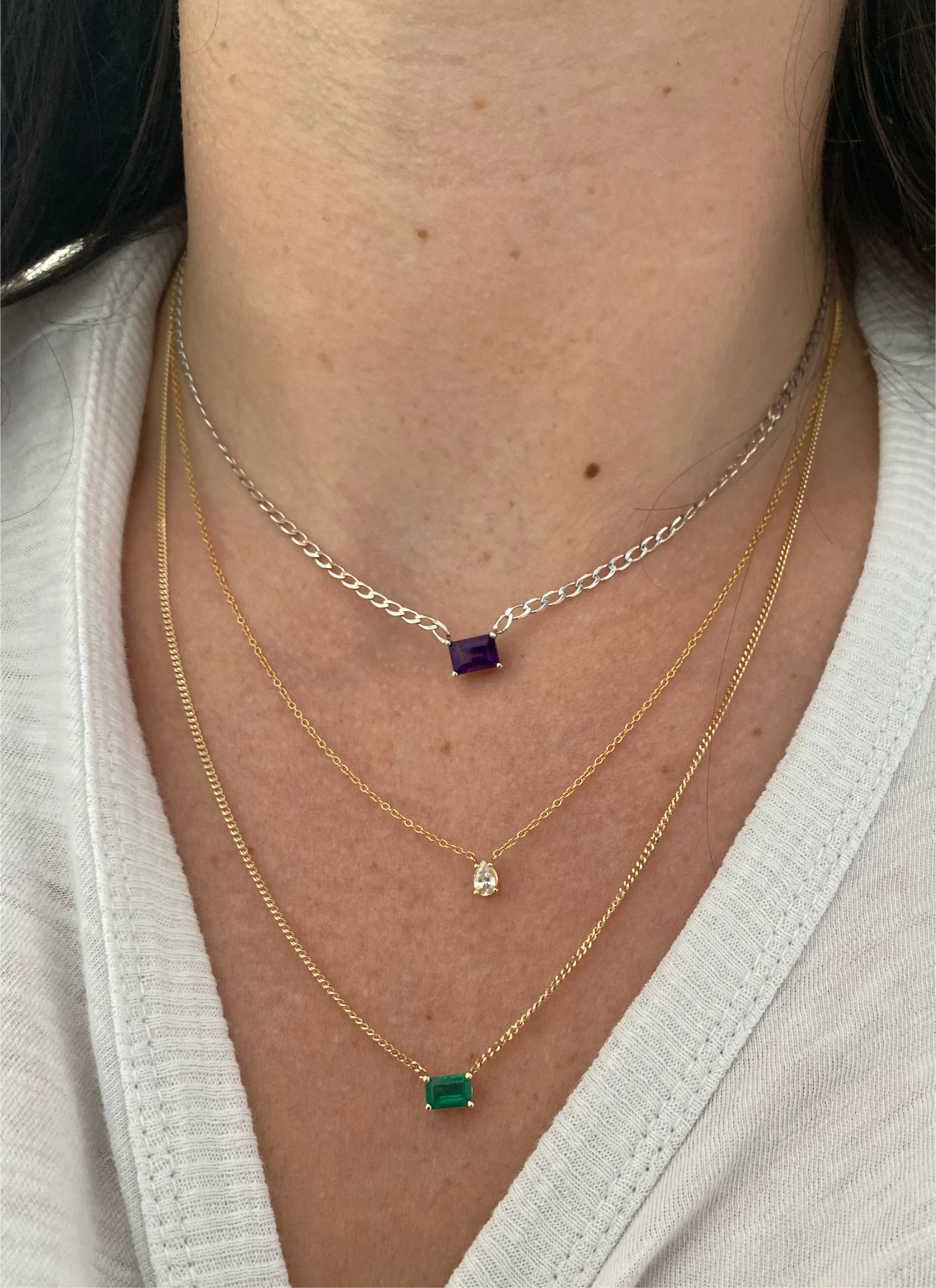 Emerald Cut Birthstone and Curb Chain Necklace