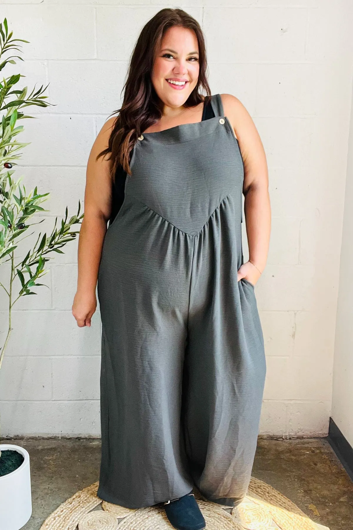 Everyday Grey Olive Wide Leg Suspender Overall Jumpsuit