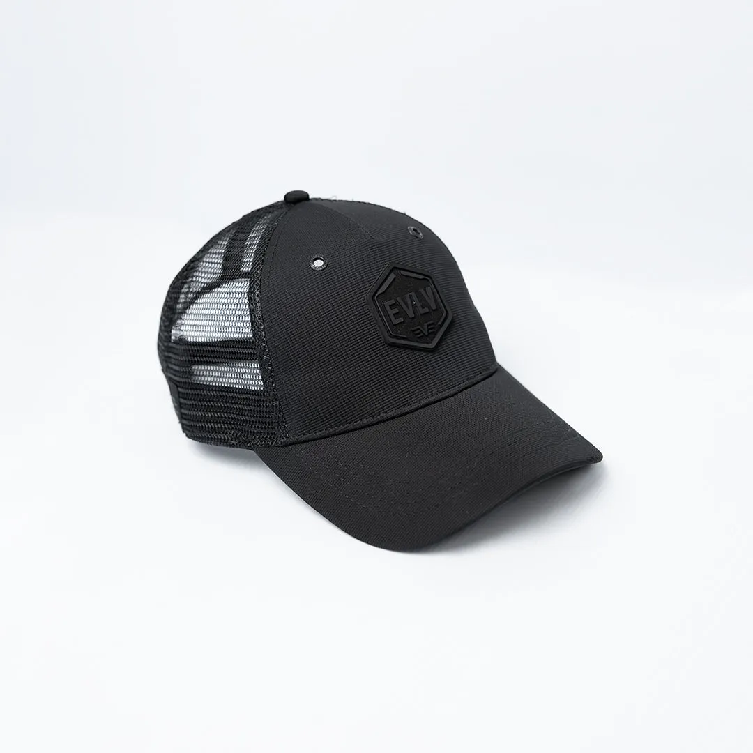 Evolve Black Polyester Trucker Cap.Rubber Badge.