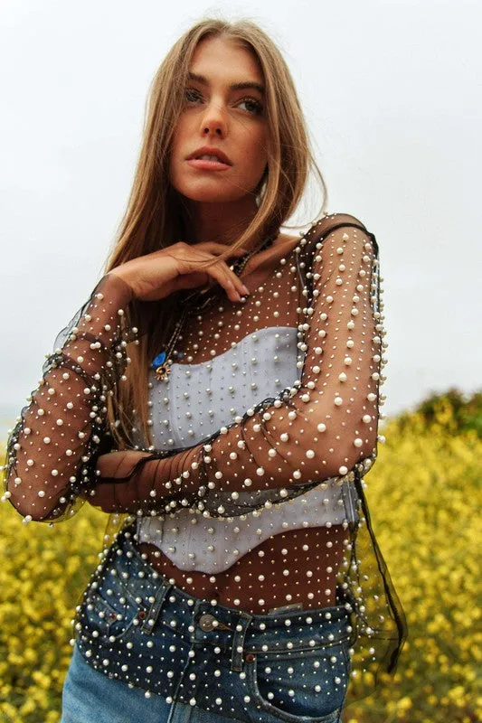 Explore More Collection - Bead and Pearl Embellished Long Sleeves Mesh Top