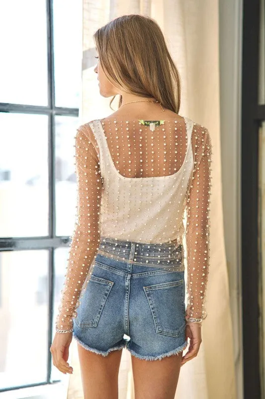 Explore More Collection - Bead and Pearl Embellished Long Sleeves Mesh Top