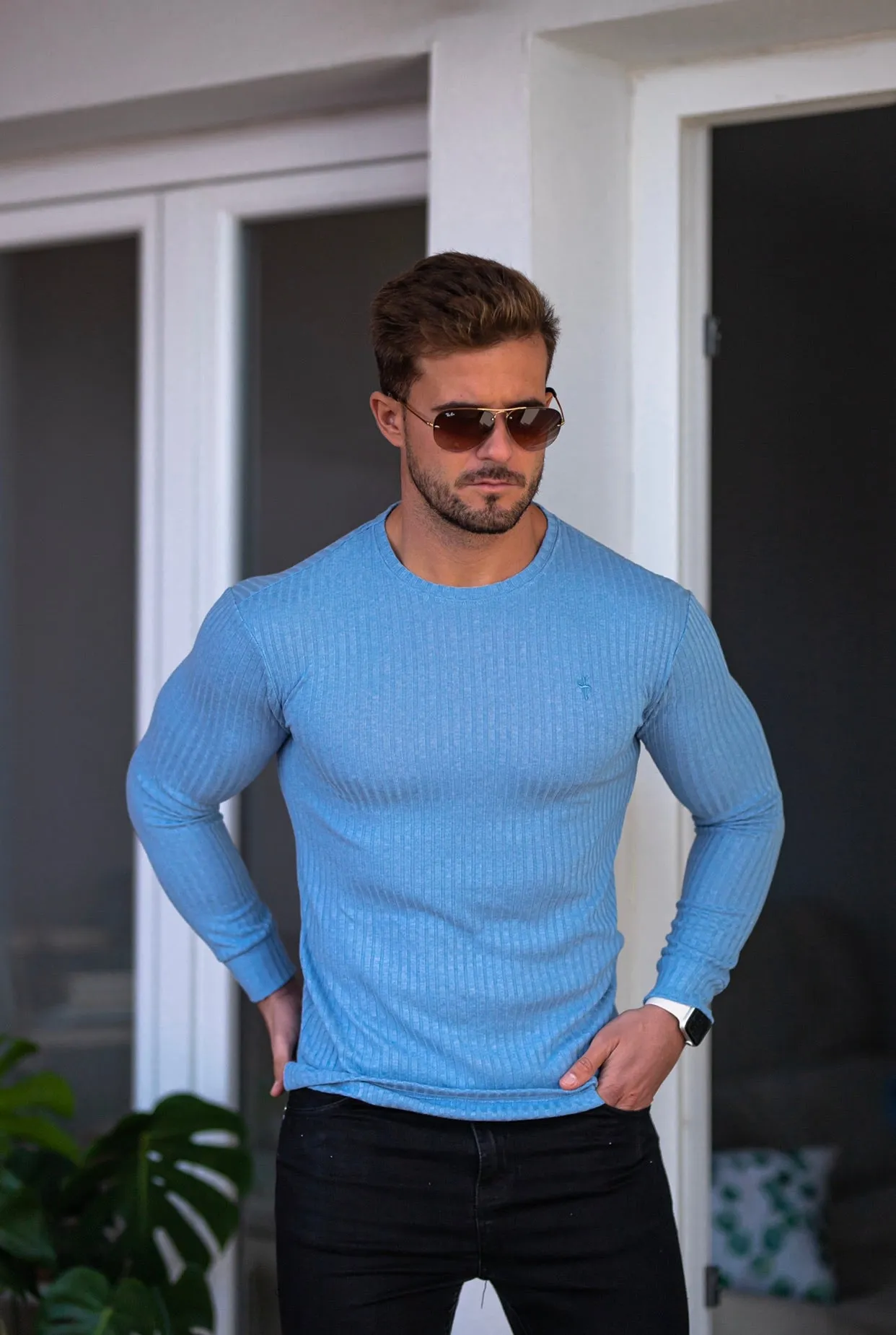 Father Sons Classic Baby Blue Ribbed Knit Sweater - FSH594