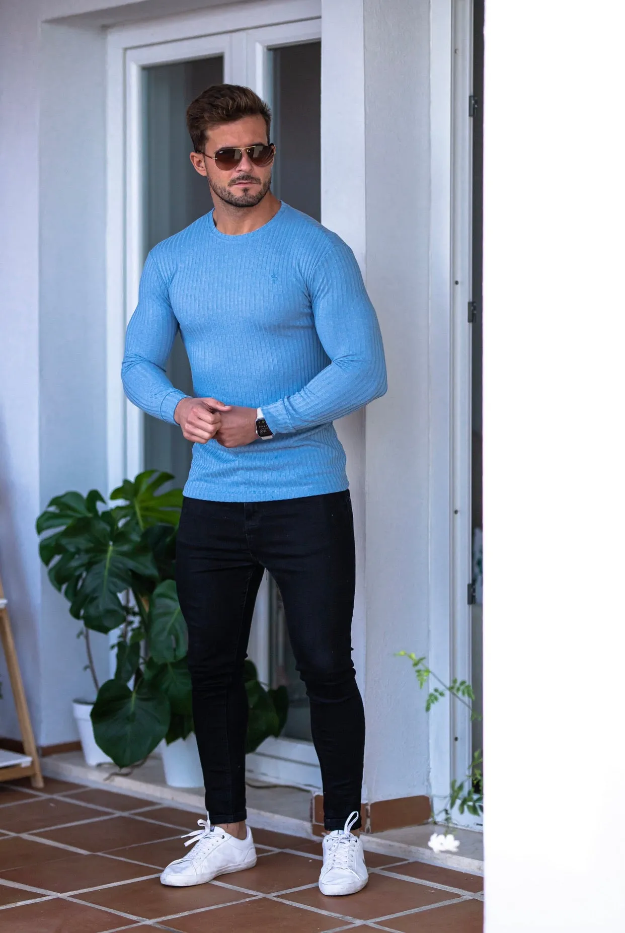 Father Sons Classic Baby Blue Ribbed Knit Sweater - FSH594