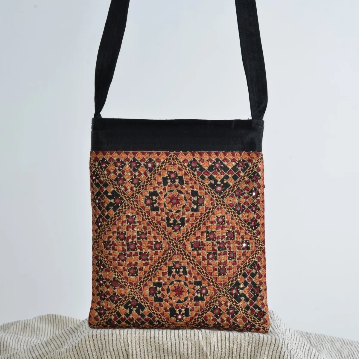 Finely Embroidered Black Cotton Sling Bag