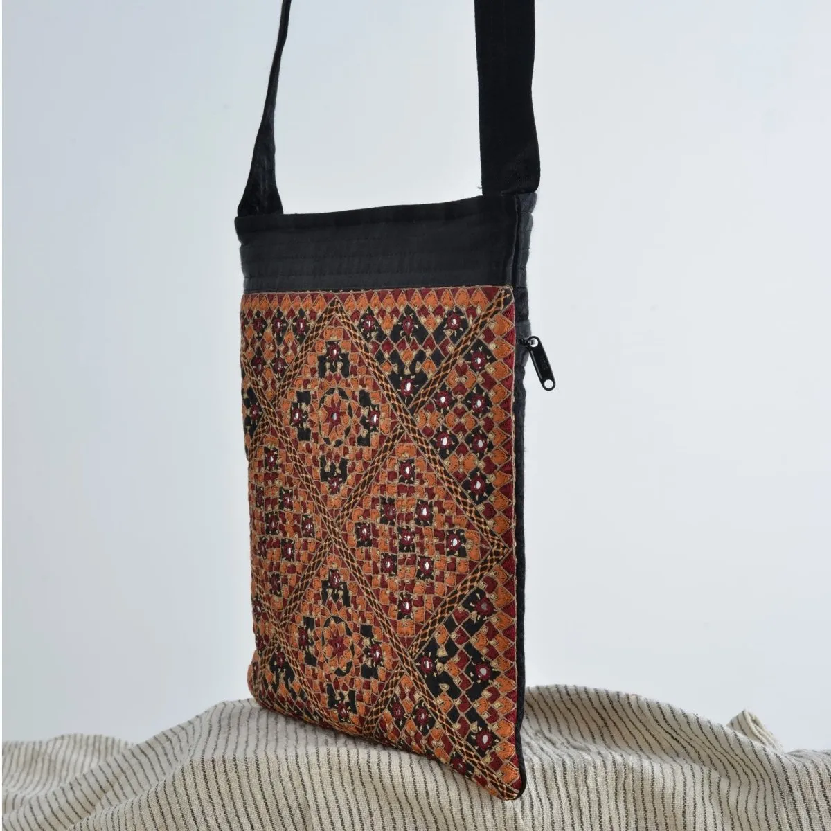 Finely Embroidered Black Cotton Sling Bag