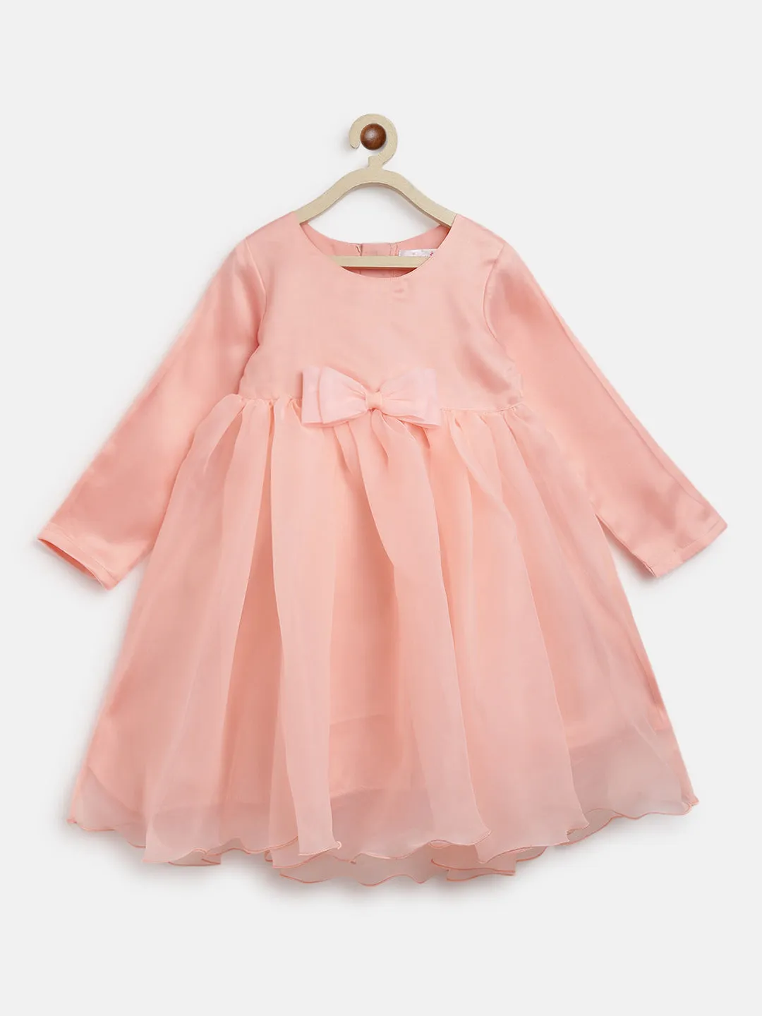 Girls Peach Polyester Elbow Sleeve Regular Fit Solid Dress