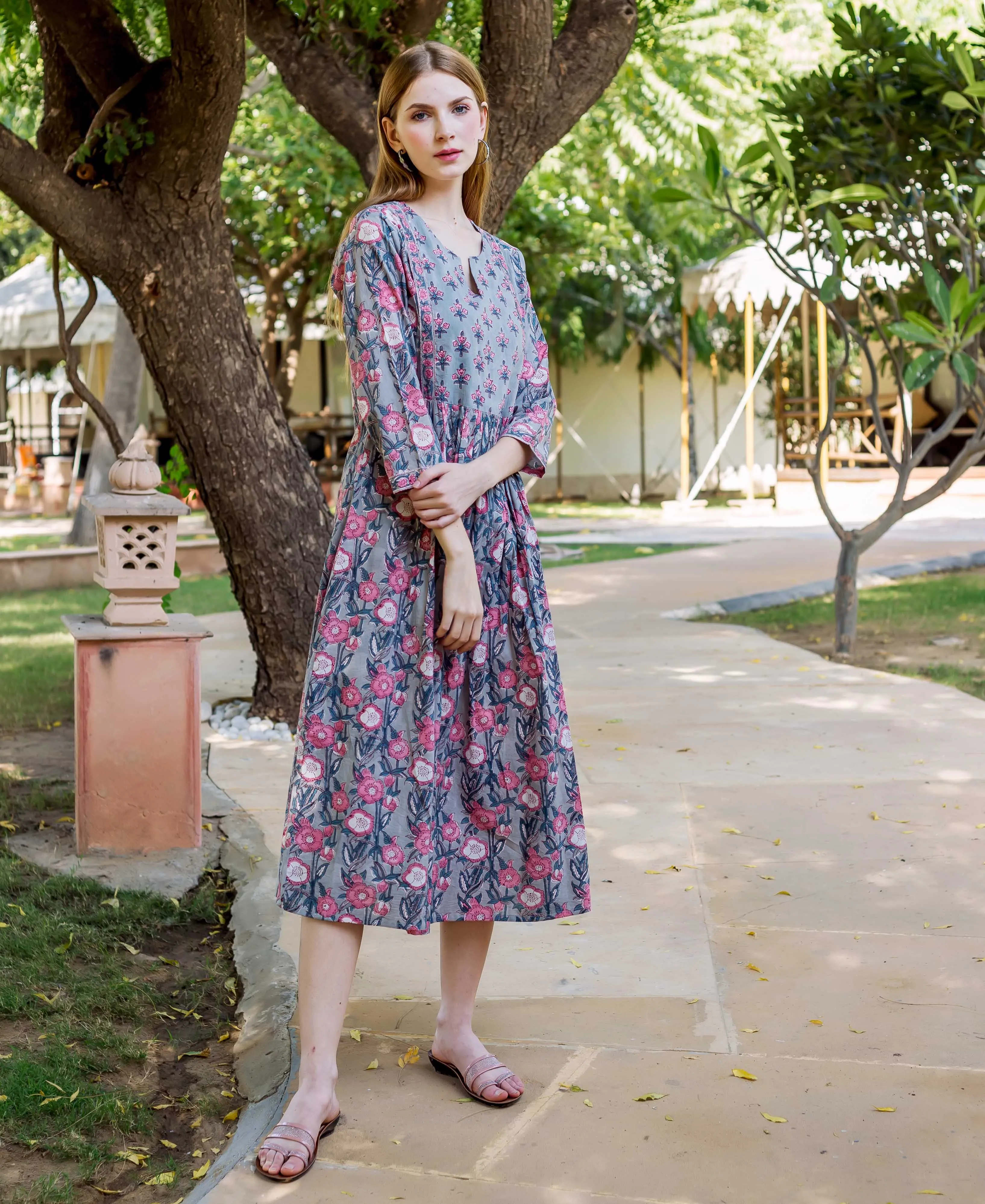 Grey and Pink Hand Block Printed Maternal and  Nursing Dress