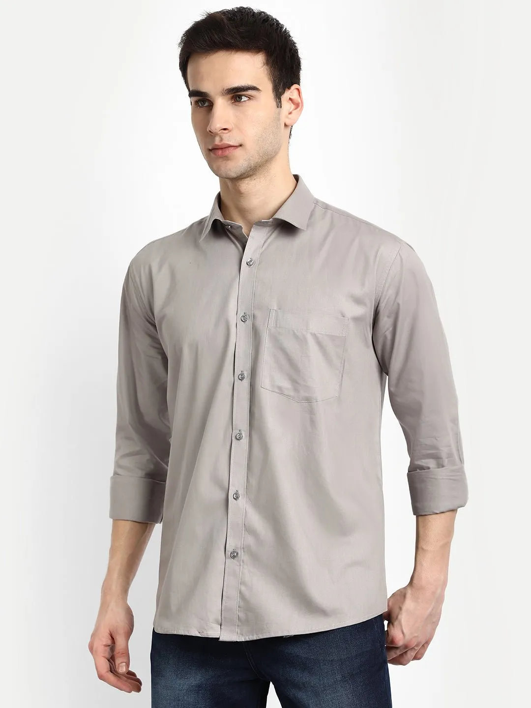 Grey Color Satin Mecerised Cotton Shirt For Men