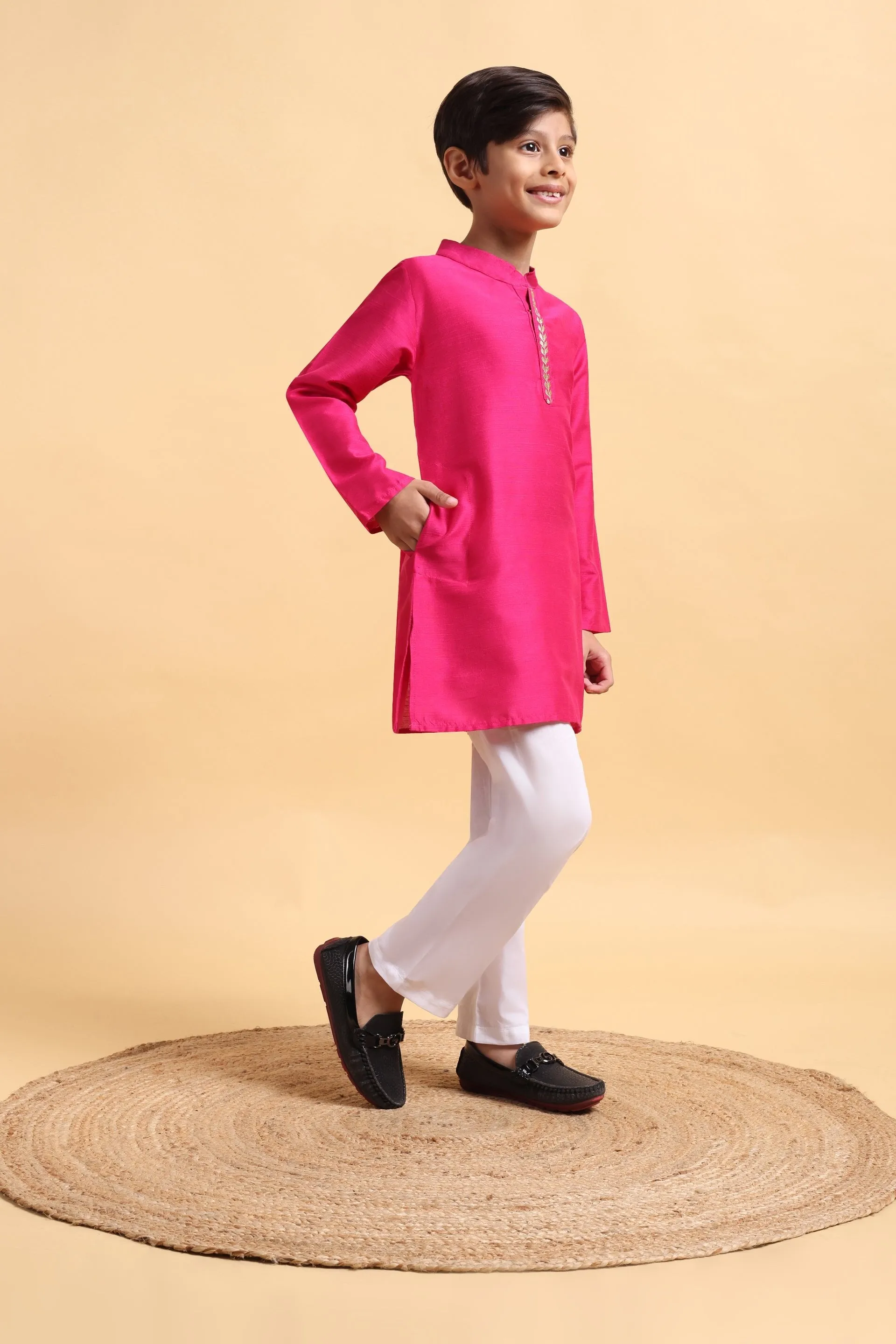 Hot Pink Embriodery Cotton silk Kurta & Pajama Set