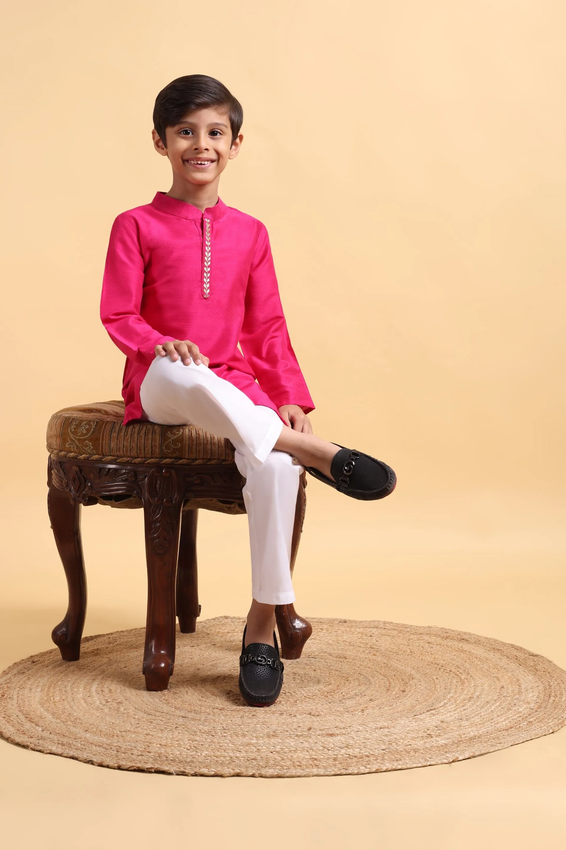 Hot Pink Embriodery Cotton silk Kurta & Pajama Set