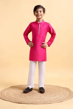 Hot Pink Embriodery Cotton silk Kurta & Pajama Set