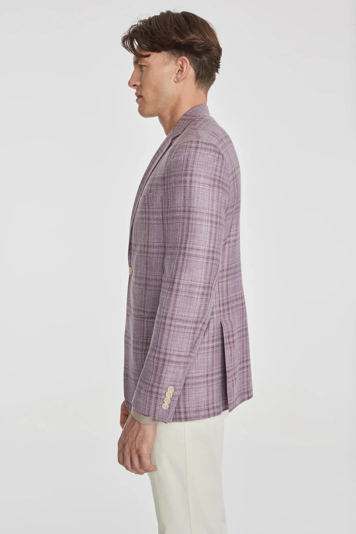 Jack Victor Midland Plaid Wool, Silk, and Linen Lavender Blazer