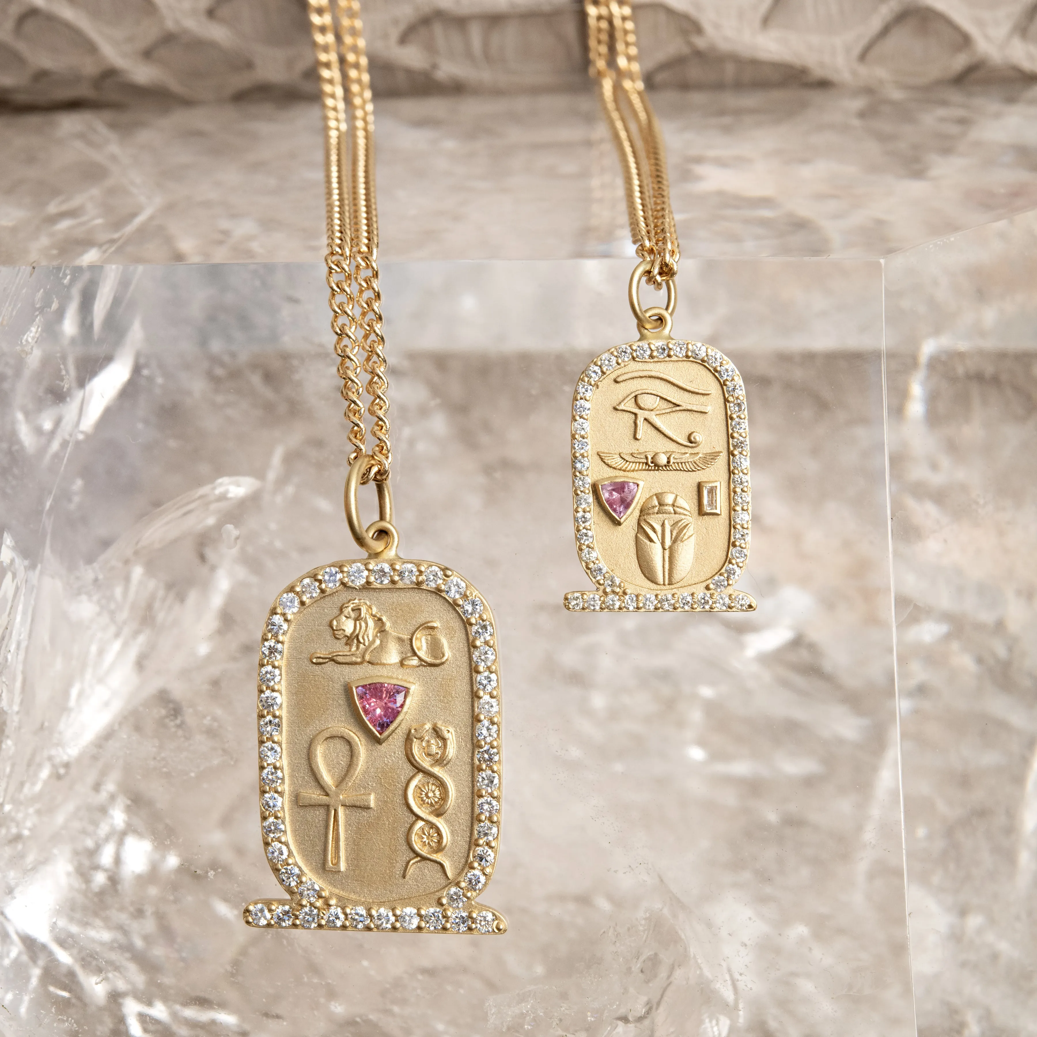 LARGE PAVE PINK SAPPHIRE TRILLION CARTOUCHE CHARM